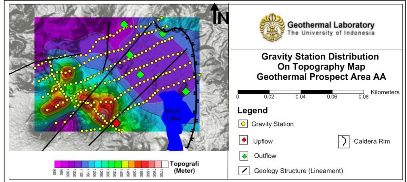 aoa ME aVeeyY LAU SEY Mebane SALOU LOMULLUTE  Total Gravity stations which measured are 222 points and forms 6 grid lines, crossing fumarole in the south and 4 hot springs controlled by regional fault structures. The distance between each station is 100 meters. Gravity data which is the result of acquisition & pre-processing results has format .GRD, where the data is ready to be extracted using Euler Deconvolution method and will be correlated with Geology structure map  An input value of the index structure describes the type of anomaly should be identified. In the context of this study, I use index 0.0 which interprets that an anomaly described as a fault anomaly correlated with the permeable zone. 
