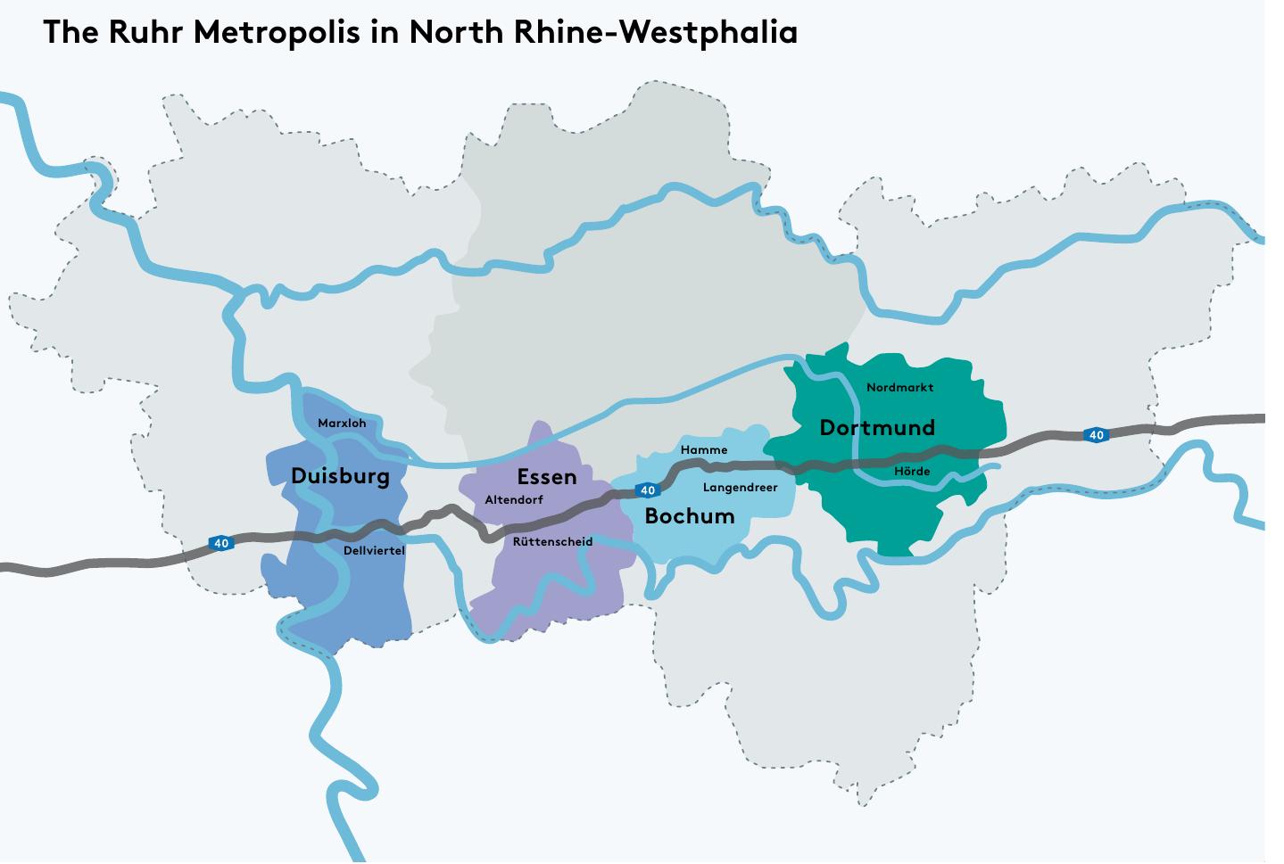major structural change. In 1850 there were approximately 300 mines in the Ruhr area, operating at high productivity for over a century. The coal crisis, which began in the 1960s, eventually led to the closure of all mines, the last of which was closed 2018.7  The research group gathered a corpus of 25,523 photographs of fixed in. scriptions in eight streets in four cities (Duisburg, Essen, Bochum, anc Dortmund) in 2013 and 2014. The eight urban districts have been se: lected on the basis that they form combinations of residential and com. mercial areas (cf. ibid., p. 38f). The survey of one street in the Nortl and a corresponding one in the South of each city allows a compari. son of the northern and southern districts divided by the A40 motorway 