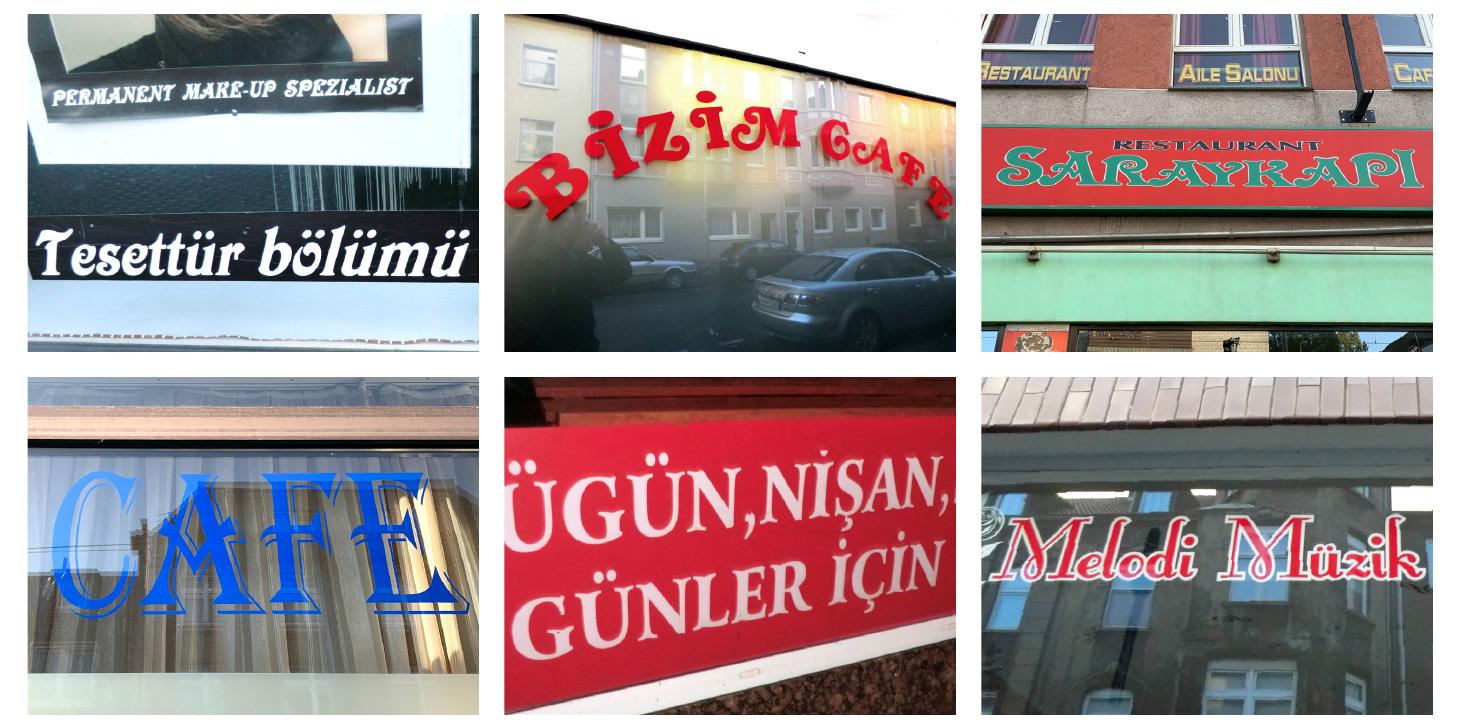 FIGURE 18. A selection of decorative typefaces in Turkish language texts in Duisburg-Marxloh, top left to bottom right: (a) Hairdresser (Typeface: Victorian, Letraset Type Studio, 1970s (Letraset 1978: 156)), (b) Cafe (Typeface: Similar to Bookman, based on Antique Old Style No. 7, 1858, A. C. Phemister, part of the Letraset Collection (Letraset 1978: 22)), (c) Restaurant (Typeface: Victorian, Le- traset Type Studio, 1970s (Letraset 1978: 156)), (d) Cafe (Typeface: Algerian, Stephenson Blake, 1902, part of the Letraset Collection (Letraset 1978: 110)), (e) Bakery (Typeface: Arrus, designed for Bitstream by Richard Lipton in 1991), (f) Music school (Typeface: Fontleroy Brown NF, a so-called ‘retro’ font designed by Nick Curtis, released in 2009). Information on the typefaces Bookman, Algerian and 4rrus (cf. https://fontsinuse.com (retrieved 30.09.20)), Fontleroy Brown NF (cf. https://www.myfonts.com/fonts/cheapprofonts/fontleroy-nf-pro/ (retrieved 30.09.20)).  Decorative typefaces in Turkish language texts in Marxloh 