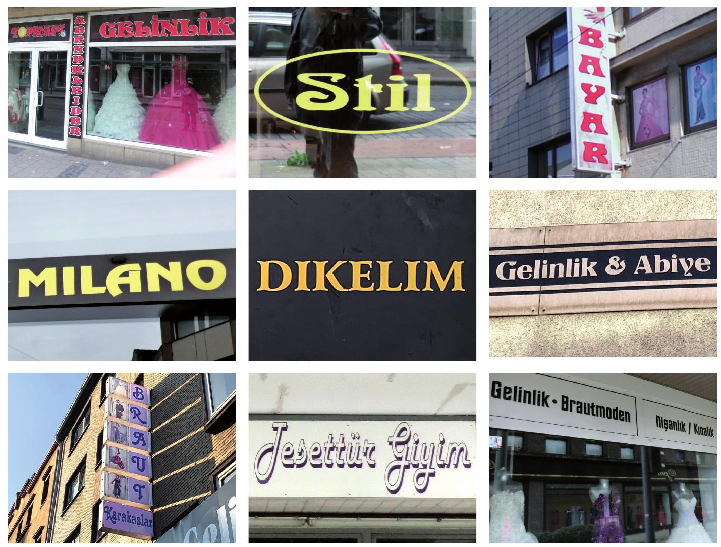 Decorative typefaces on wedding dress shops in Marxloh  FIGURE 19. Decorative typefaces in Turkish language texts in signs of wedding dress shops in Duisburg-Marxloh, top left to bottom right: (a) “Topkapi Gelinlik” (Topkapi Wedding Dresses) (Typeface: Pretorian (Letraset 1978: 87)), (b) “Stil” (Typeface: Arnold Bécklin (Letraset 1978: 16)), (c) “Bayar” (Typeface: Roberta), (d) “Milano” (Typeface: Revue (Letraset 1978: 90)), (e) “Dikelim” (Typeface: 4r- rus), (f) “Gelinlik & Abiye” (Wedding and Evening Dresses) (Typeface: Titania, Hass, 1906) (cf. https: //fontsinuse.com/typefaces/70908/titania-haas (retrieved 30.09.20)), (g) “Braut Karakaslar” (Typeface: Tango (Letraset 1978: 154)), (h) “Tesetttir Giyim” (Body-covering clothing) (Typeface: Harlow (Letraset 1978: 129)), @) “Gelinlik/Brautmoden” (Typeface: Horizon, based on the Star Trek Logo 1966) (cf. Yves Peters: Typography — The Final Frontier. The Fonts of Star Trek. Link: https: //www.fontshop.com/content/the-typography- of-star-trek (retrieved 30.09.20)). 