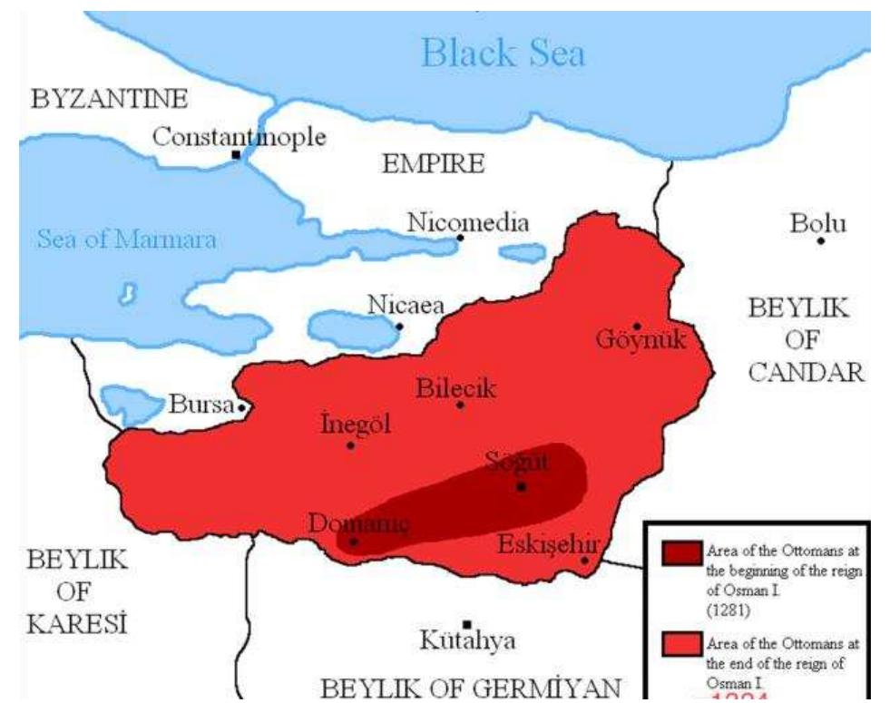 Figure 6 | Area of the Ottoman Beylik during the reign of Os- man I. DragonTiger23/cc-by-sa-3.0 GFDL  unconquered Byzantine regions, which made it a mag- net to many Turkomen farmers, warriors, and Der- vishes fleeing the Mongols, and aspiring to conquer new lands for economic and religious reasons."9] 
