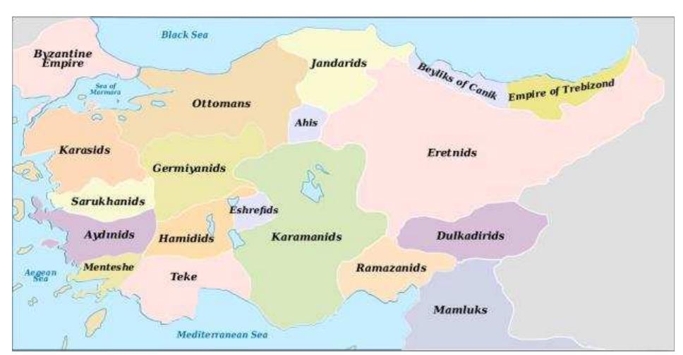 Figure 7 | A map of independent Turkic beyliks in Anatolia during the 14th century, showing the neighbouring Ottoman and Germiyanid beyliks. Morningstar1814 (English Ver-  sion)/CC-BY-SA-4.0  Political relations at the beginning of Os- man's reign 