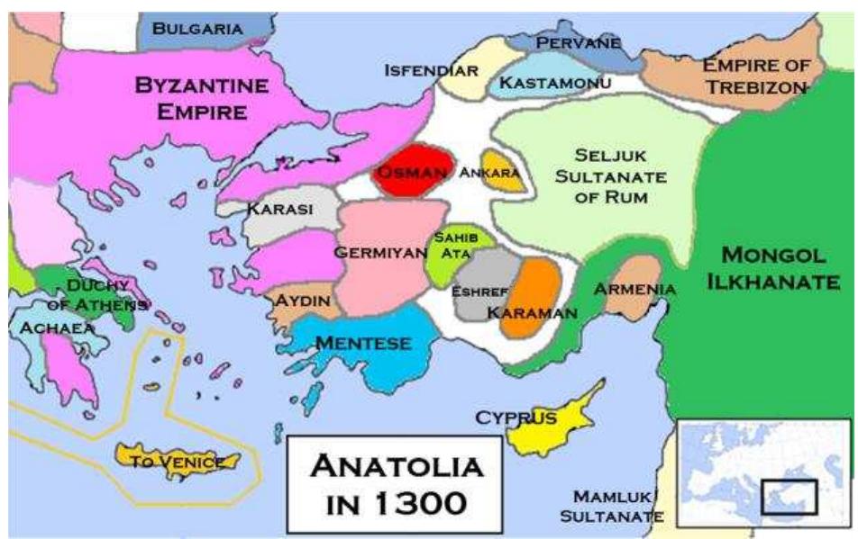 Figure 11 | The declining Sultanate of Rim, vassal of the Mon- gols, and the emerging beyliks, c. 1300. Khateeb88/CC-BY-SA- 3.0  preoccupied with ongoing clashes with its powerful en- emies in Anatolia, such as the Germiyanids and the coastal beyliks, not to mention suppressing unrest and discord in Constantinople and the Balkans. The Empire was unable to face Osman's threats, thus, he felt free to expand at the Byzantines expense exploiting the current situation. 2444) At the same time, the Seljuk Sultanate of RUm was seeing its final days. The Sultan- ate grip was slowly weakened over its Turkoman Bey- iks. Sultan Alaeddin Kayqubad Ii became deeply un- popular after he purged the Seljuk administration of his predecessor's men with extreme violence. This prompted the Mongol IIkhan Mahmud Ghazan to call upon Kayqubad to appear before him, and once the lat- ter did in 1302, he was executed and replaced with his predecessor Ghiyath ad-Din Mas'td bin Kaykawus in or- der to keep the peace in Anatolia.47! According to an- other account, Mongol and Tatar hordes raided Asia Minor in 699 AH / 1300 CE, and killed Sul-  tan Kayqubad in his capital Konya. It was also said  that Kaykawus himself killed his rival, coveting his own return on the throne. Another story suggests  that Kayqubad escaped and sought refuge in the Byz- antine court where he remained until his death.2© In all cases, Kaykawius's rule was short-lived, lasting be- tween 4 and 6 years at most, and when he died in 1308 CE, the Seljuk Sultanate of ROm was no more to be mentioned in the historical records,'“7! giving the way for the Turkoman beyliks to emerg as independent states.   The demise of the Seljuk Sultanate of ROm gave Os- man autonomy over his dominion, he soon dubbed himself Padisah Al-1 ‘Osman (sovereign of the house of Osman).54] After that, Osman set his sights towards conquering the last of the Byzantine cities, towns, and fortresses in Anatolia. According to one account, after Sultan Alaeddin Kayqubad III was killed by the Mon- gols, vizirs and notable leaders met and decided that 