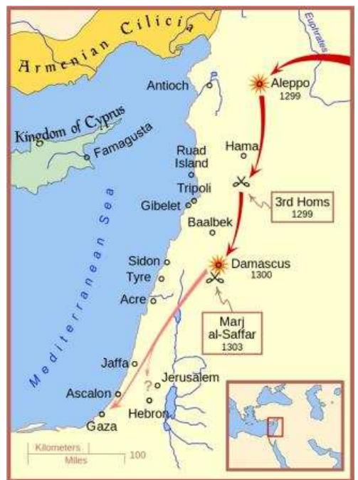 Figure 15 | Mongol offensives in the Levant, 1299-1300. The decisive Mamluk victory at Marj al-Saffar played a major role in folding any Byzantine-Mongol allience. MapMaster/CC-BY-  3.0  rapidly taking place in Anatolia, and he decided to stop it. Yet, being recently defeated, Andronikos II couldn't face the Ottomans in an open battle. To add insult to injury for the Byzantine, conflicts were taking place in the Balkans. Thus, Andronikos II had no choice but to try making an alliance with the Mongols in Persia, who were controlling central and eastern Anatolia. To achive that, the Emperor sent a letter to Ilkhan Mahmud Ghazan offering him a family rapprochement through marriage and establishing an alliance between both Empires. 32{55! 