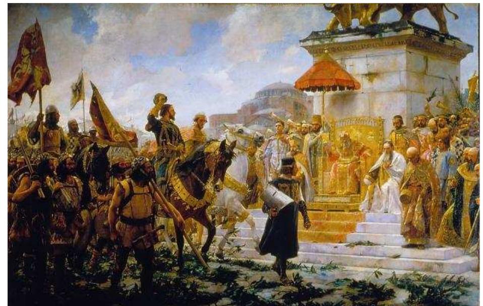 Conquest of Bursa  Figure 16 | Roger de Flor being received by the Byzantine em- peror Andronikos II Palaiologos. José Moreno Carbonero/PD- old-70-1923  After Ghazan's death, the Byzantine Emperor was forced to seek other solutions to the problem of Otto- man expansion. Thus, he hired a company of Catalan mercenaries led by Roger de Flor. The mercenaries had become unemployed after the signing of the Peace of Caltabellotta between the Crown of Aragon and the French dynasty of the Angevins in 1302 CE. The com- pany arrived at Constantinople in January 1303 CE, where they were received by the Emperor himself, then, the mercenaries were housed in the district  of Blachernae. The Emperor arranged the wedding of Roger de Flor to his niece, the 15-year-old princess Ma- ria Asanina, daughter of the Tsar of Bulgaria lvan Asen Ill and Irene Palaiologina. De Flor was named Megas Doux (Great Dux, i.e., Commander of the Imperial forces), and was promised a four months payment for him and his men. /58lss! 