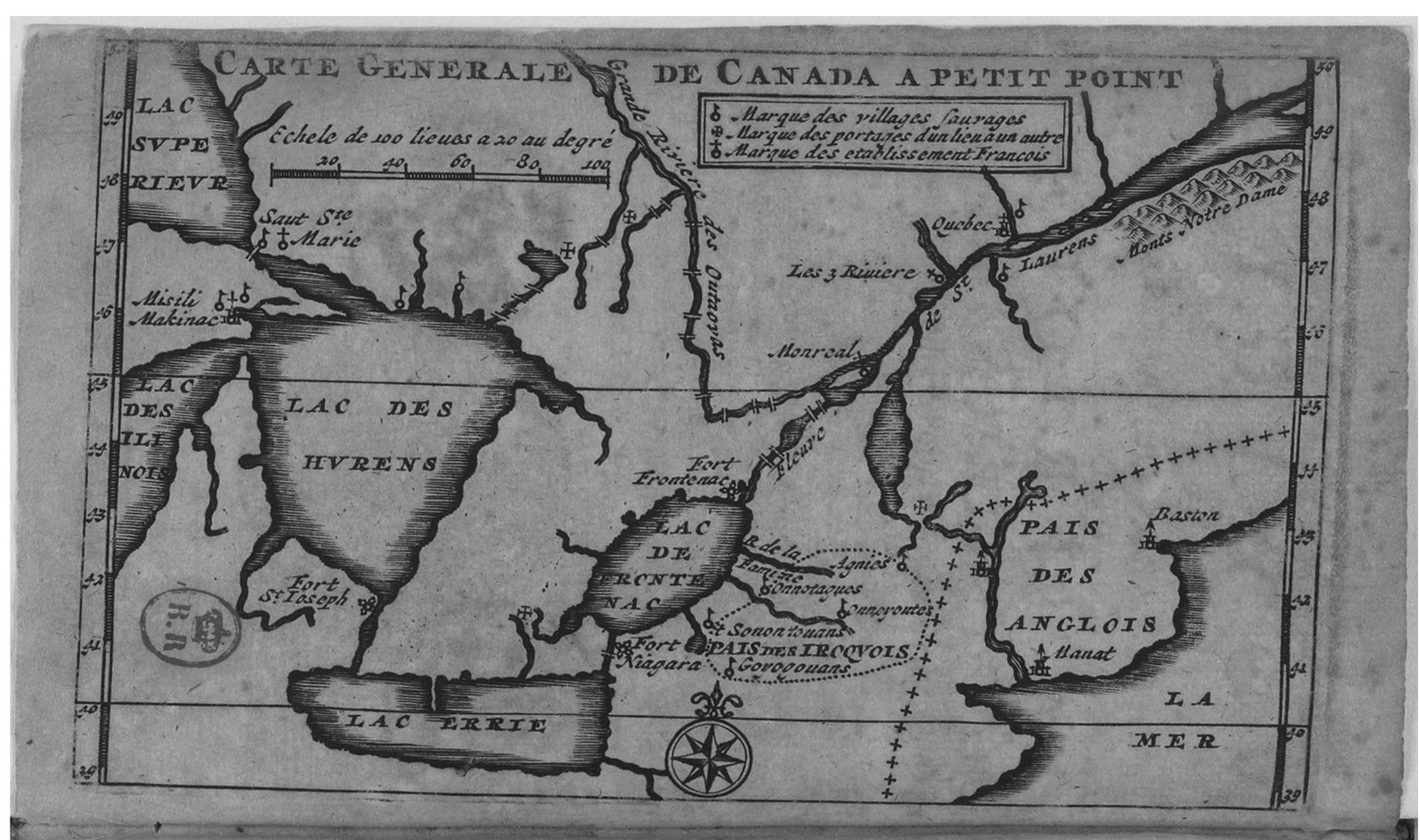 FIGURE 7.1 Map of English, French, and “Savage” territories in Canada, in Nouveaux Voyages de Mr. Le Baron de Lahontan dans l’Amérique Septentrionale (1703). 