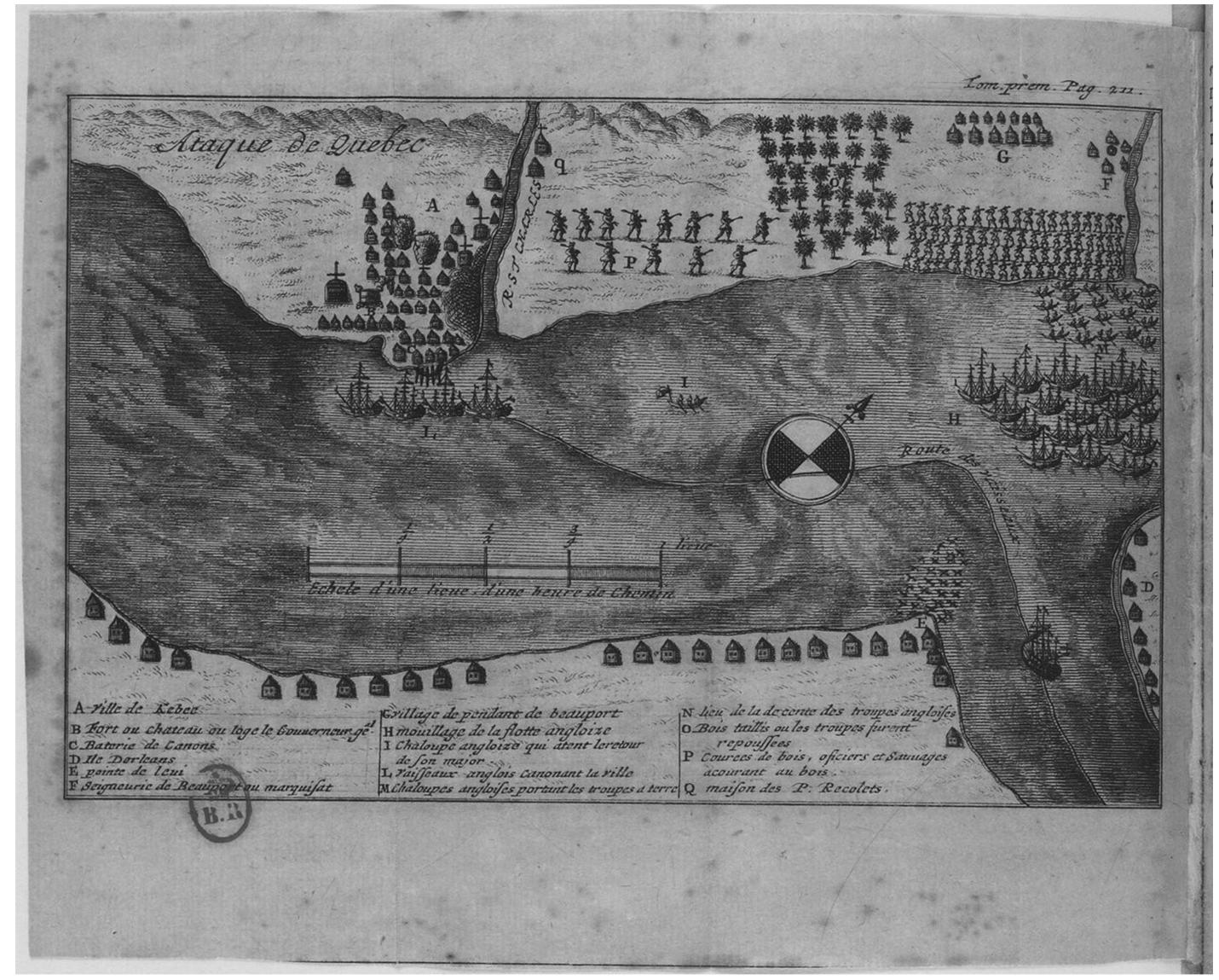 FIGURE 7.2 Map of English, French, and “Savage” troops in Quebec, in Nouveaux Voyages de Mr. Le Baron de Lahontan dans Amérique Septentrionale (1703). 