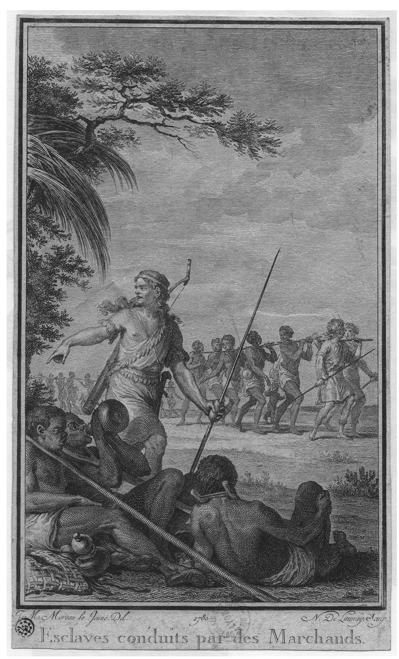 FIGURE 7.4 “Slaves driven by merchants,” frontispiece for Abbé Raynal, Histoire des deux Indes, vol. 3 (1780). Photograph via Wikimedia Commons. Public domain. 