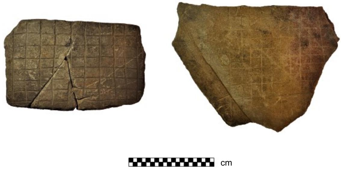 Fig 1 Two stone grid boards from Vindolanda. The board on the left has been carved, while the board on the right is scratched. (Photos: Tim Penn and Summer Courts, with kind permission from The  Vindolanda Trust)  below), and show considerable variation in their dimen- sions, though the most popular configurations appear to have been 7x8, 8x8 and 9x10 grids of various dimensions. Any adjustments to grid-size probably did not reflect a substantial difference in game mechanics or underlying rules but would presumably tailor the time taken to com- plete an individual play through, with larger boards lead- ing to lengthier gameplay. The vast majority of grid boards feature empty squares (Figs 1 and 2), though occa- sionally, as on an example from Hadrian’s Wall Milecas- tle 9 and Richborough, squares are filled with an empty ‘X’ (Fig 3). It is unclear as to whether these crosses are anything other than a decorative embellishment. A simi- lar design appears on several medieval boards in the Batalha Monastery in Portugal, opening the possibility that some examples from Britain are later intrusions but this remains unconfirmed (Fernandes and Silva 2012). (We thank Roly Cobbett for bringing this possibility to our attention.) 