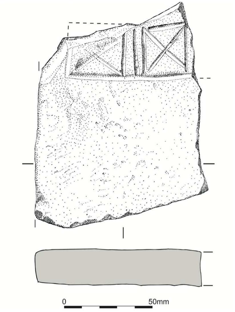 Fig 8 Stone gaming grid-type board decorated with additional X motif found at Hadrian’s Wall Milecastle 9 (from Wilmott 2018, 151, fig 242. Reproduced courtesy of Historic England) 