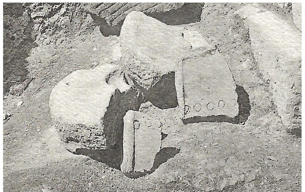Fig 5 Ceramic backgammon-type gaming board from Castle Lyons, Holt. L: 485 mm, W: 430 mm, Th: 25 mm. (From Grimes 1980, fig 60.8, re-drawn by Katie Livingston)  Fig 6 Two fragments of a possible sandstone backgammon-type gaming board from Hadrian’s Wall, Milecastle 40 (from Simpson 1976, fig 15. Reproduced courtesy of Titus Wilson & Son) 