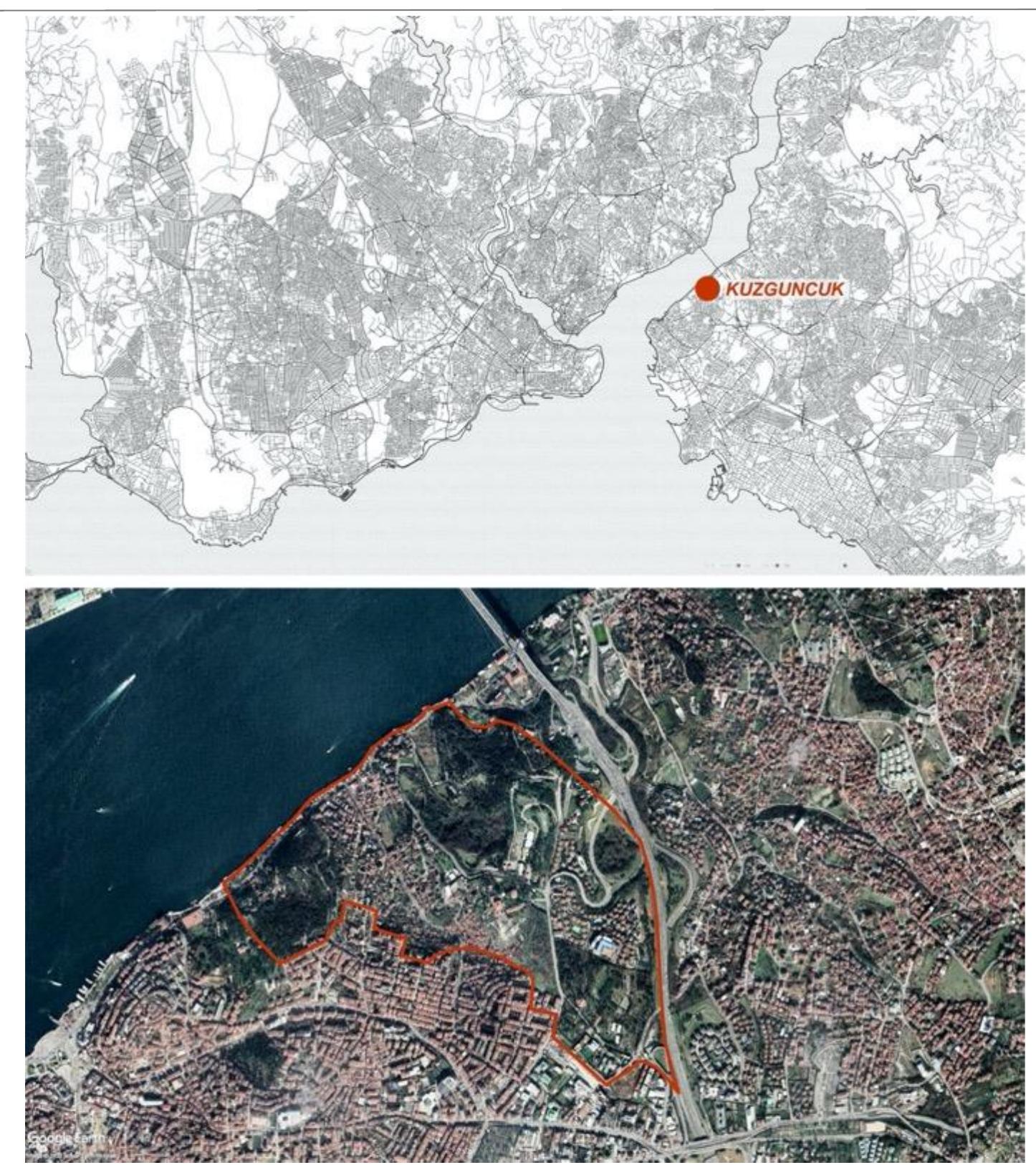 According to Evliya Celebi, the name Kuzguncuk, meaning "little raven"  in Turkish, was believed to originate from a guardian named "Kuzgun  Baba" w belief is  name, w covered  ho settled here in the time of Mehmed II (1451-1481). Another that the old name of Kuzguncuk was “Hrisokeramos”, and this  hich means “Golden Tile”, came from a church whose roof was with gilded tiles built by Iustinos II (565-578 AD). In fact, the  recorded history of the neighbourhood stretches back to the 17%  century. Muslim, between  The coastal settlement of Kuzguncuk has defined an area where  ewish, Armenian and Greek populations were greatly present, the 17 and 19 centuries. This harmonious existence of  different ethnic and religious groups is an indication of the cultural  richness  of the area. Indeed, the coexistence of two synagogues (Bet  Yaakov Synagogue and Bet Nisim Synagogue), two Greek Orthodox churches (Ayios Yeorgios Church and Iglesia de San Pantaleon Church), an Armenian church (Surp Krikor Lusavori¢ Church) and a mosque (Kuzguncuk Mosque) that rise side by side is an important indicator of the designated cultural mosaic (Figure 2).  The general settlement layout of Kuzguncuk, which can be said to be one of the rare districts that preserves the common life culture, consists  mainly o  f historical wooden or masonry civil architecture and colourful 