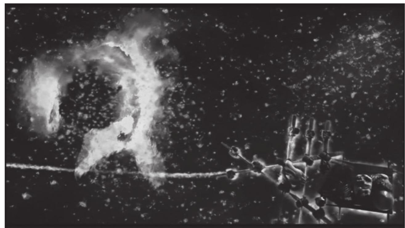 5. Still from Life of Pi, directed by Ang Lee, 2012. 2:07:00. Glowing marine life and reflected starlight give the sense that Pi is adrift not just at sea but in the universe—with the cosmic scale of the image pushing it in the direction of the sublime. 