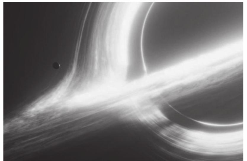 6. Still from Interstellar, directed by Christopher Nolan, 2014. 2:49:00. A tiny moon and blazes of light swirl around a black hole in Interstellar, creating an awe-inspiring, sublime effect on the viewer. 