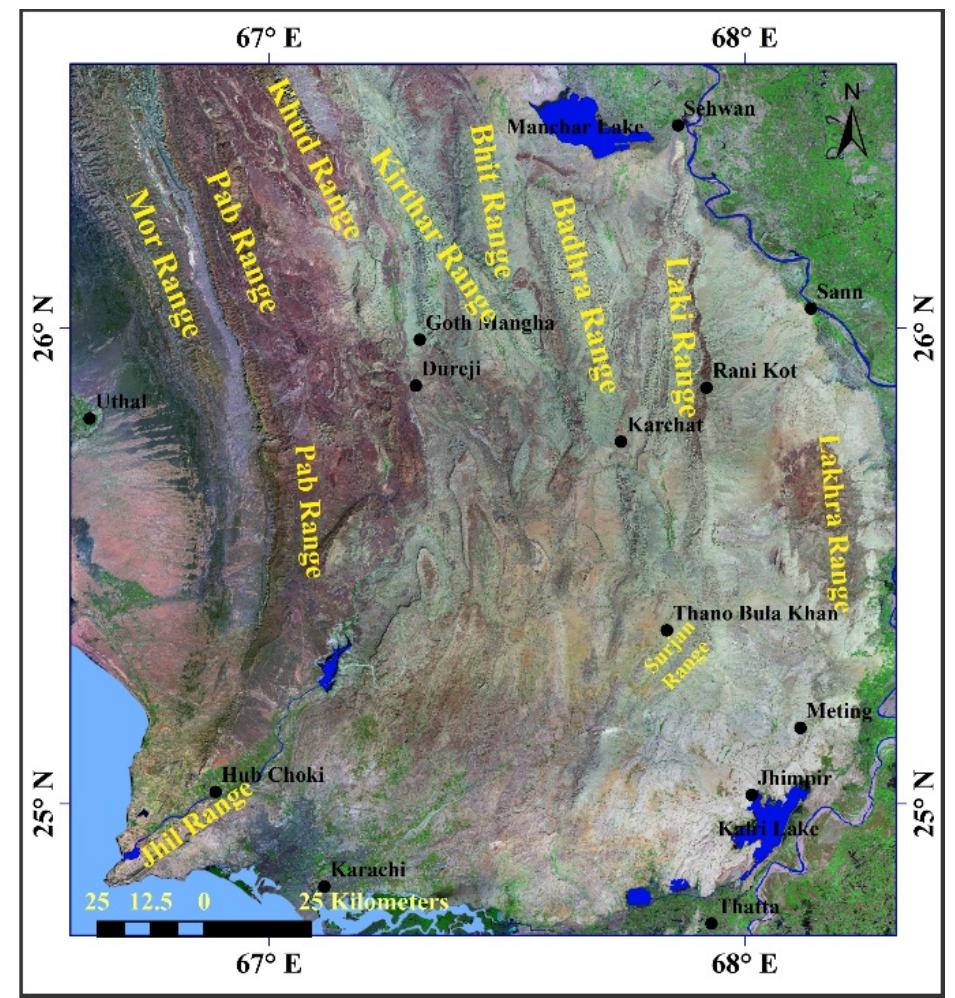 Landsat etm satellite image of karachi arc showing the major