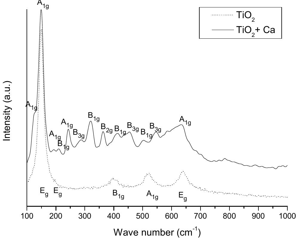 Raman spectra of the tio and ca”'-doped tio, films on the