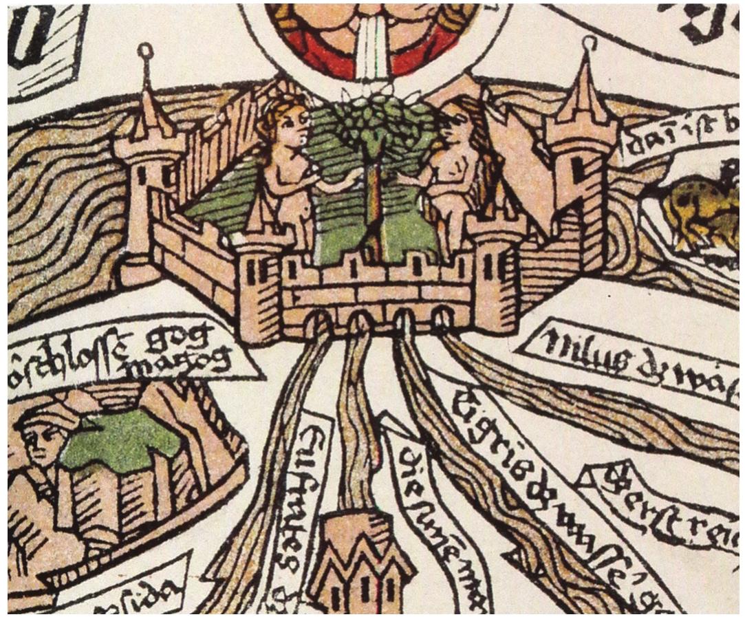 Figure 4. World Map of Hanns Rist, Augsburg, 1480: detail of the earthly paradise; from a facsimile published by L. Rosenthal, Munich, 1927. Courtesy: Barry Lawrence Ruderman Antique Maps 