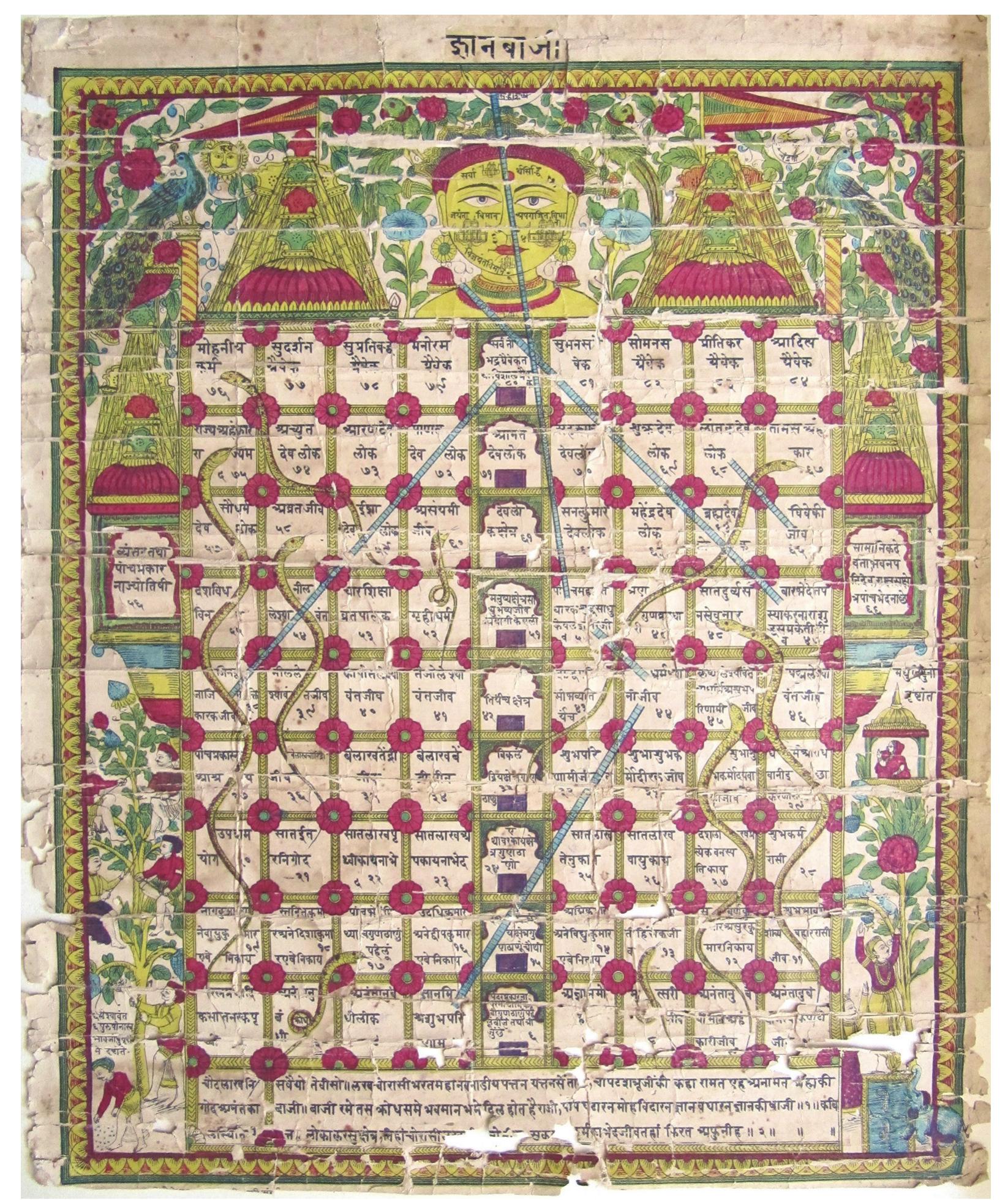 Figure 7. Jnan Bazi (The Game of Knowledge), a Jain version of the Indian game of snakes and ladders. Hand-coloured lithograph. Chitrottejak Press, Mumbai, 1903/04. Courtesy: Jacob Schmidt-Madsen 
