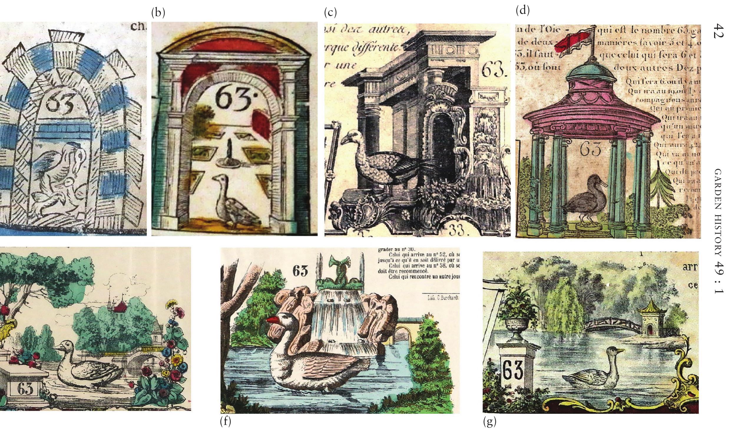 Figure 11. The final spaces of several French jeux de l’oie, with approximate dates: (a) Letourmy, Orleans, 1750; (b) Peyrane, Toulouse, 1750; c) Daumont, Paris, 1750; (d) Basset, Paris, 1825; (e) Pinot Sagaire, Epinal, 1865; (f) Burkhardt, Wissembourg, 1875; and (g) Watilliaux, Paris, 1890. All author’s collection 