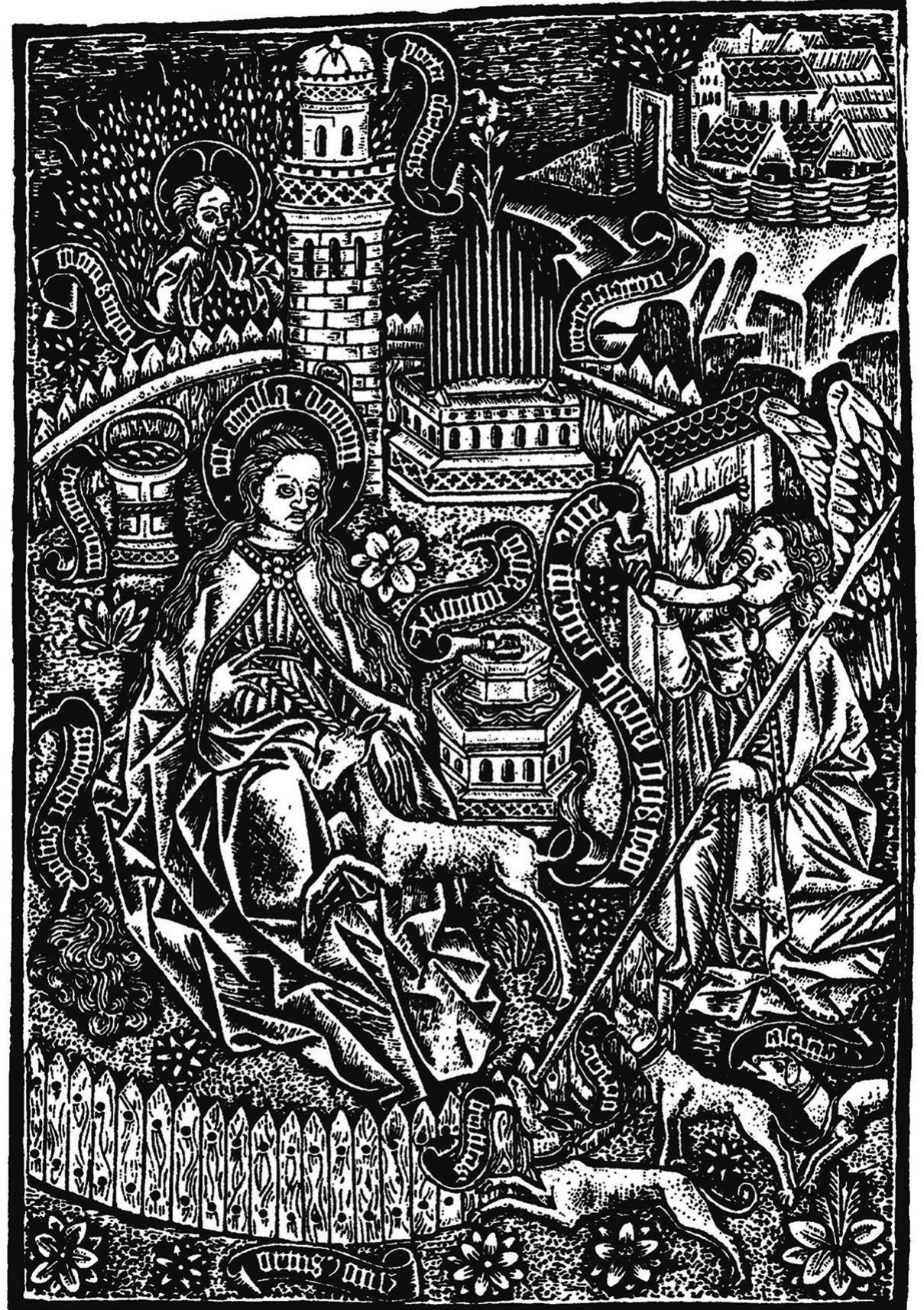 Figure 12. The Mystery of the Incarnation, where the Virgin is depicted in the Hortus conclusu with a unicorn before her and surrounded by the emblems of her perpetual virginity, all described on scrolls. Germany, c.1450-65. © The Trustees of the British Museum, London, 1851,0530.6; from A. M. Hind, History of Woodcut, 2 vols (London: Constable, 1935; repr. Dover, 1963), I: p. 177 