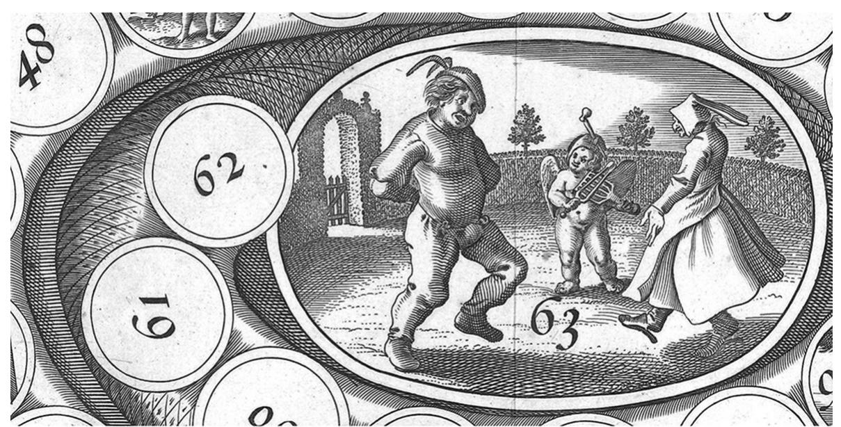 Figure 16. The centre space of a later version of the Cupid game: Het Nieuw Slange Spel, anders genaemt Koninclycke Tytkorting van Cupido (The New Game of the Snake, otherwise called the Royal Pastime of Cupid), Claes Janz, Visscher, c.1625. Courtesy: Rijksmuseum, Amsterdam, RP-P-OB-77.369 
