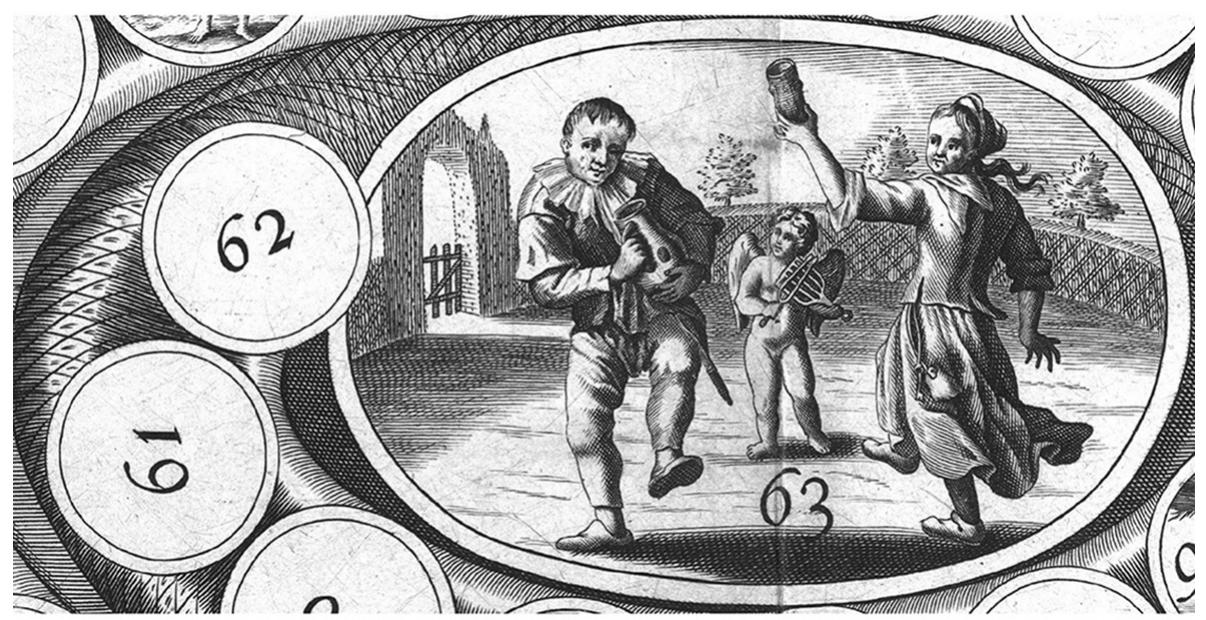 Figure 17. The centre space of a later version of the Cupid game: The Royall Pass-Tyme of Cupid, or The new and most pleasant Game of the Snake, John Garrett, London, c.1690. Courtesy: Houghton Library 