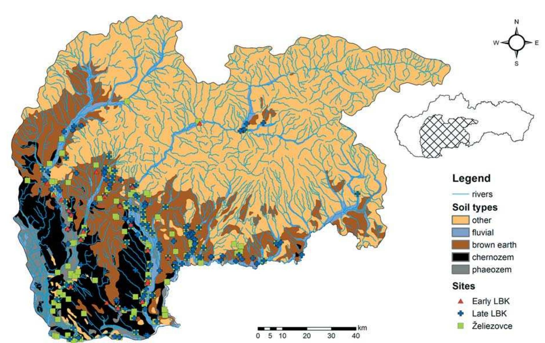 dry continental climate§, which can be more readily observed in the ensuing periods.  Sites dating to Lengyel culture stages I and II are si- tuated mostly on brown earths (Fig. 2.a), which pre- dominate also in the site catchment area (Fig. 2.b) for the duration of Lengyel culture. This is a result of the shift of settlements to uplands and highlands (Fig. 1.b) with higher precipitation levels’, covered at the time by forests (Wiedermann 2003.64). Con- nected with the shift to higher areas is the higher number of sites in dry, warm climatic zones, as op-  posed to very dry zones ty  pical of the lowlands. This  shift towards less arid climatic zones can be obser-  ved already in the Lengye  I stage, progressing gra-  dually throughout the subsequent Lengyel stages  and culminating in Lengye in uplands were concentra  in lowlands along the maj  Ill (Fig. 1.a). Settlements ed along smaller streams,  or rivers. The area along  the Danube and the sand dunes along the lower reach of the Nitra remained unsettled (Fig. 4; Pavik  1986.215). 