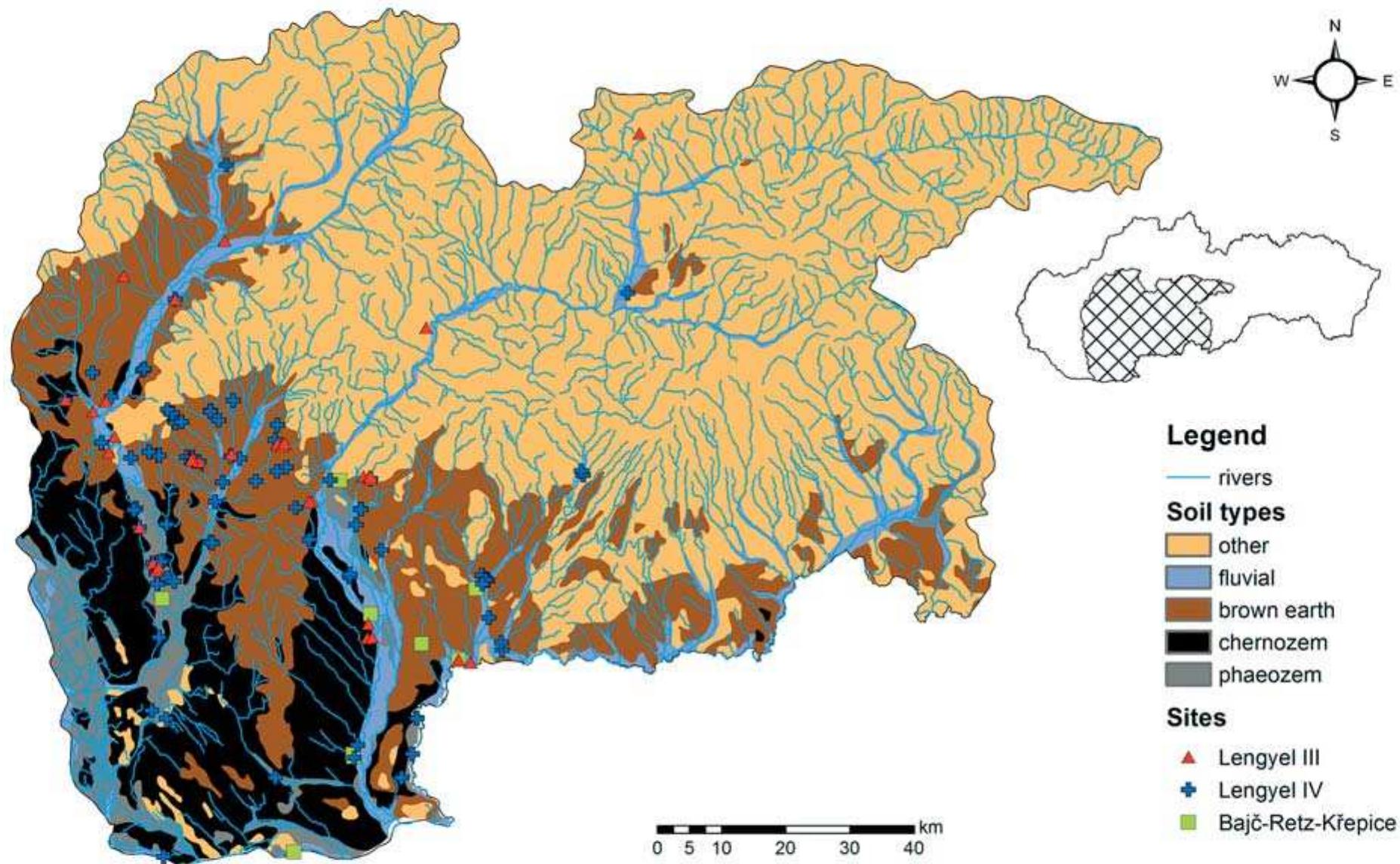 Adaptation of settlement strategies to environmental conditions in southern Slovakia in the Neolithic and Eneolithic   preference for more humid soils (Fig. 2.a,b). This de-  velopment suggests the return of a drier climate, which ic more evident in the fallawinogo nerind  A real contrast to the preceding development is ob- servable with the onset of the Middle Eneolithic Bo- erdz group and the subsequent Baden culture, which were based on a new socio-economic foundation Pavuk 1986.220). During the Boleraz group, the climate stabilised - as indicated by the large number of sites located in very dry and dry climatic zones similar to the previous period; Fig. 1.a) and the re- urn to more arid chernozem areas (Fig. 2.a,b). The density of settlements increased and settlement clu- sters started to form, mainly on the lower reaches of the Nitra and Hron and along the Danube (Fig. 6). The settlements were relatively small (Pavuk et al. 1995.122). Lowlands were preferred (Fig. 1.b) and the distance to water sources slightly decreased (Fig. 1.c). The sites were situated along major rivers, as well as their tributaries (Fig. 6). The role of game animals as a source of subsistence also diminished and remained constant throughout the Middle and Late Eneolithic (Ambros 1986.13).  