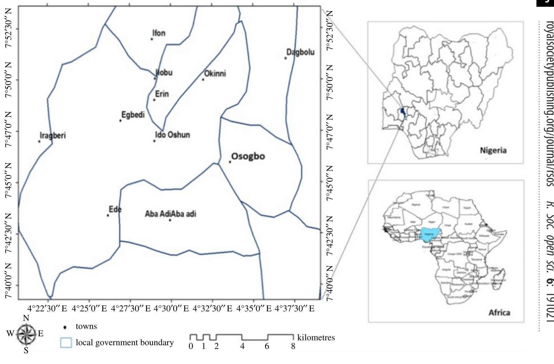 Map of the study region showing the towns considered in the