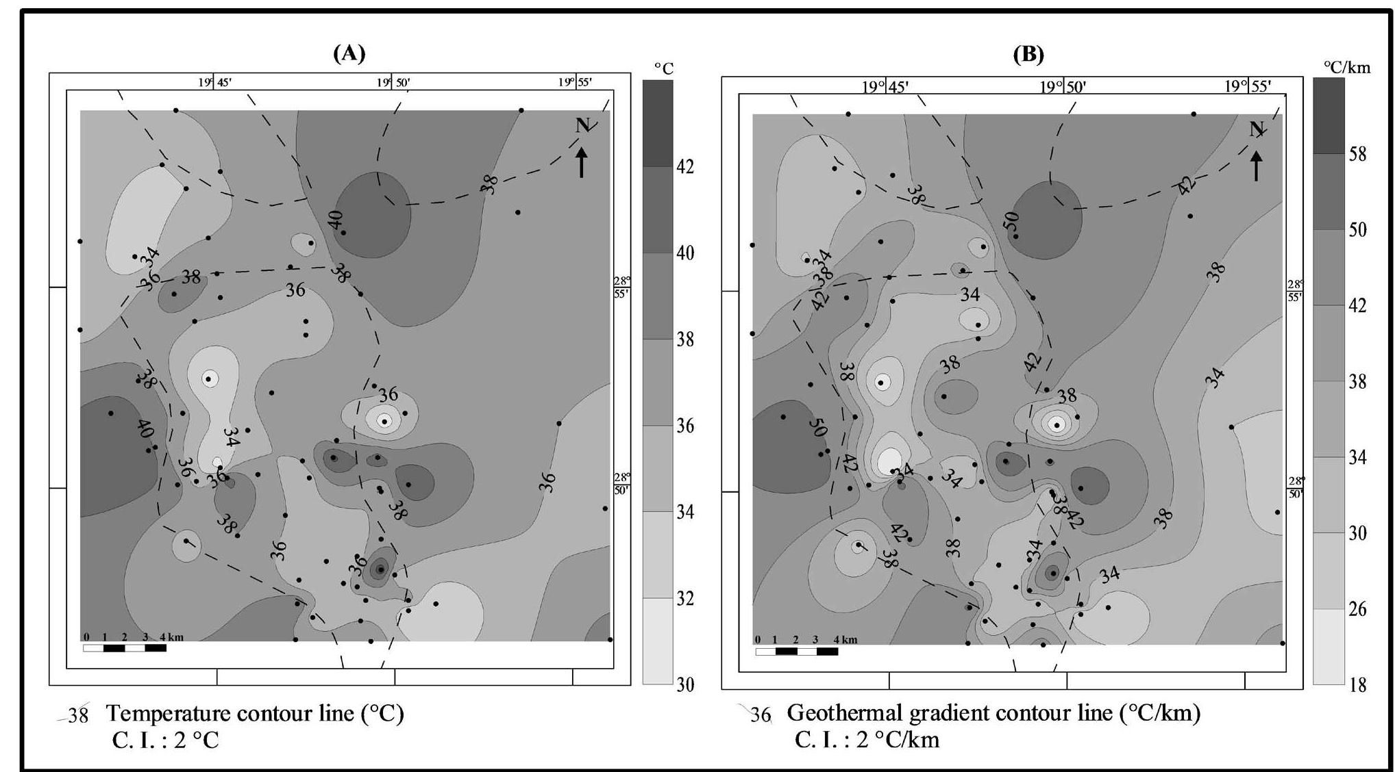 Temperature Depth Map (a) iso temperature and (b) geothermal gradient maps at 2000