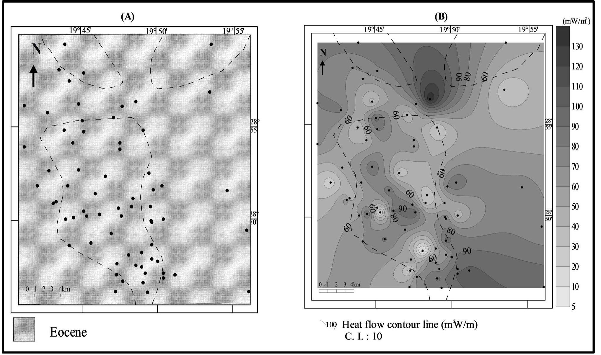 (a) subcrop and (b) heat flow distribution maps at depth