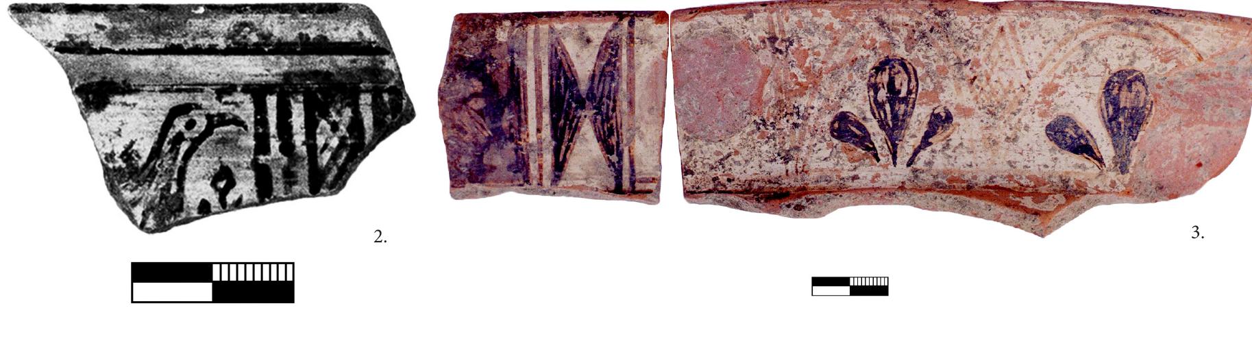 Fig. 2. Hyria, Naxos. Sherd of a Parian shallow skyphos; second quarter of the 7th century B.C. (Photograph by the author; in the excavation archive). Fig. 3. Hyria, Naxos. Two joining sherds from the rim of a crater; second half of the 7th century B.C. (Photograph by the author; in the excavation archive).  The second case concerns an impressive vessel, a large crater, of which only two sherds from the lip and a  mall part of the shoulder survive” (Fig. 3). The outside of the lip is decorated with an original theme set in un- ven panels (metopes); the first panel to the left is painted in solid black and is separated with a double vertical ine from the ensuing metope featuring a horizontal black-painted diabolo (two horizontal triangles placed top o top). The next panel must have contained a clay disc, which has been detached leaving only its circular mark. [wo vertical lines separate this metope from the panel to the right, which was adorned with two three-petalled tanding palmettes, each under a double arched line. The junction of the two arches is crowned by a cross- 1atched lozenge.”* The surface to the right is much worn, but it is very likely that it contained a second clay disc vith a painted or printed motif (?), which was detached leaving only its trace; as it fell, it dragged part of the djoining rectangular metope with the palmettes. The upper surface of the lip and the inner face of the rim are lack glazed. The fragment is covered with a thick yellowish-white slip; the paint is bright black for the three-  eaf palmettes and diluted brownish red for the lattice and bows. The clay is tile-red, with inclusions and mica.  we ¢ - “a! = _- em ~ - ae ee ta ta ae prey 