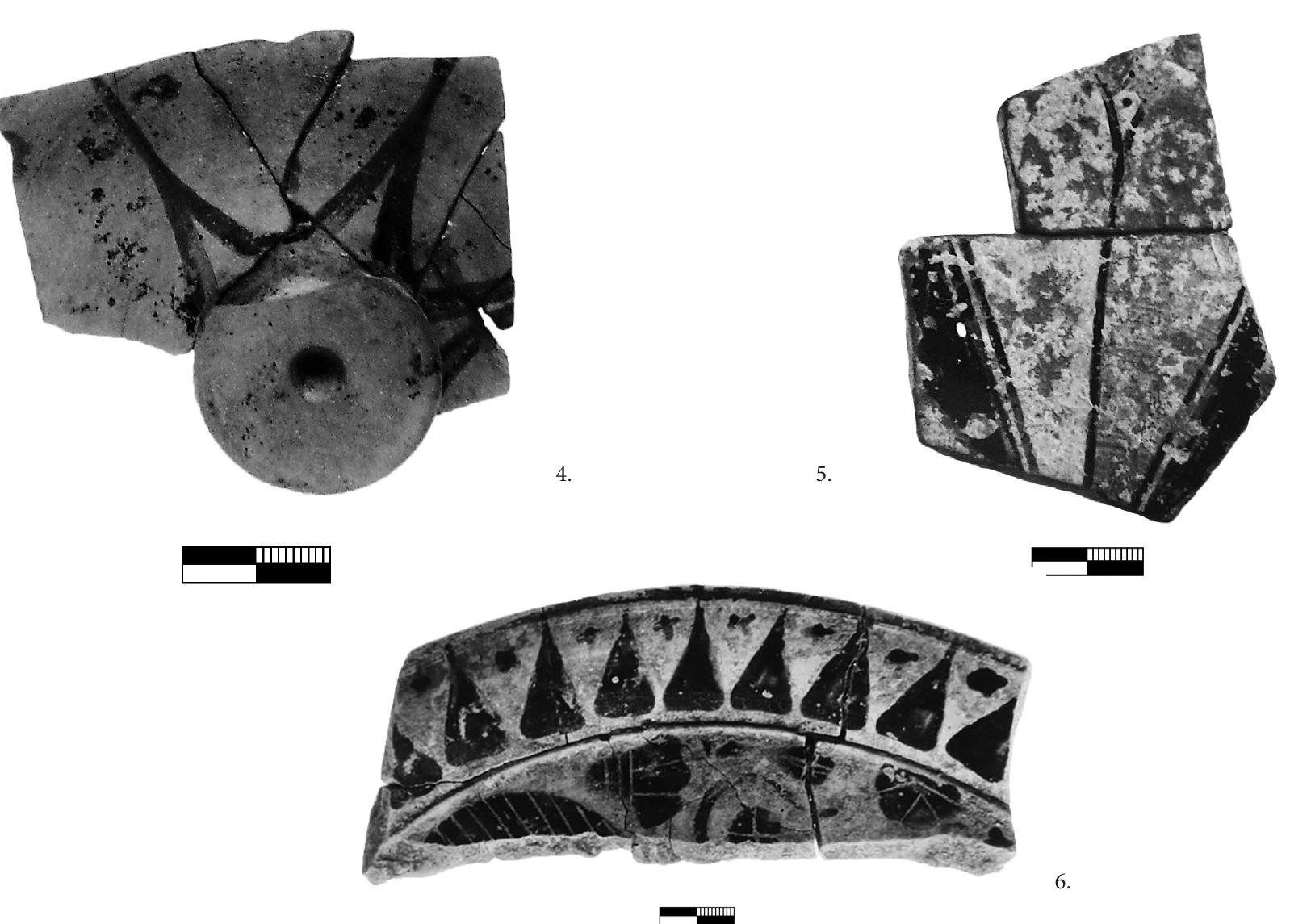 Fig. 4. Hyria, Naxos. The lower body and the base of an East Greek bird-bow]; Third group, 650-615 B.C. (Photograph by the author; in the excavation archive). Fig. 5. Hyria, Naxos. Two joining sherds of an East Greek plate; first quarter of the 6th century B.C. (Photograph by the author; in the excavation archive). Fig. 6. Hyria, Naxos. Sherds from the rim of an East Greek (Rhodian) plate; first half of the 6th century B.C. (Photograph by E. Eliades; in the excavation archive). 