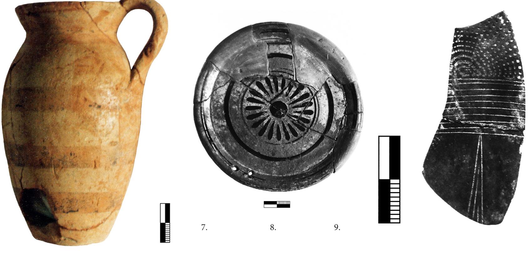 Fig. 7. Hyria, Naxos. East Greek banded jug (Photograph by the author; in the excavation archive). Fig. 8. Hyria, Naxos. Naxian replica of an East Greek plate; first half of the 6th century B.C. (Photograph by E. Eliades; in the excavation archive). Fig. 9. Hyria, Naxos. Sherd of an Etruscan Bucchero cotyle; mid-7th century B.C. (Photograph by E. Eliades; in the excavation archive). 