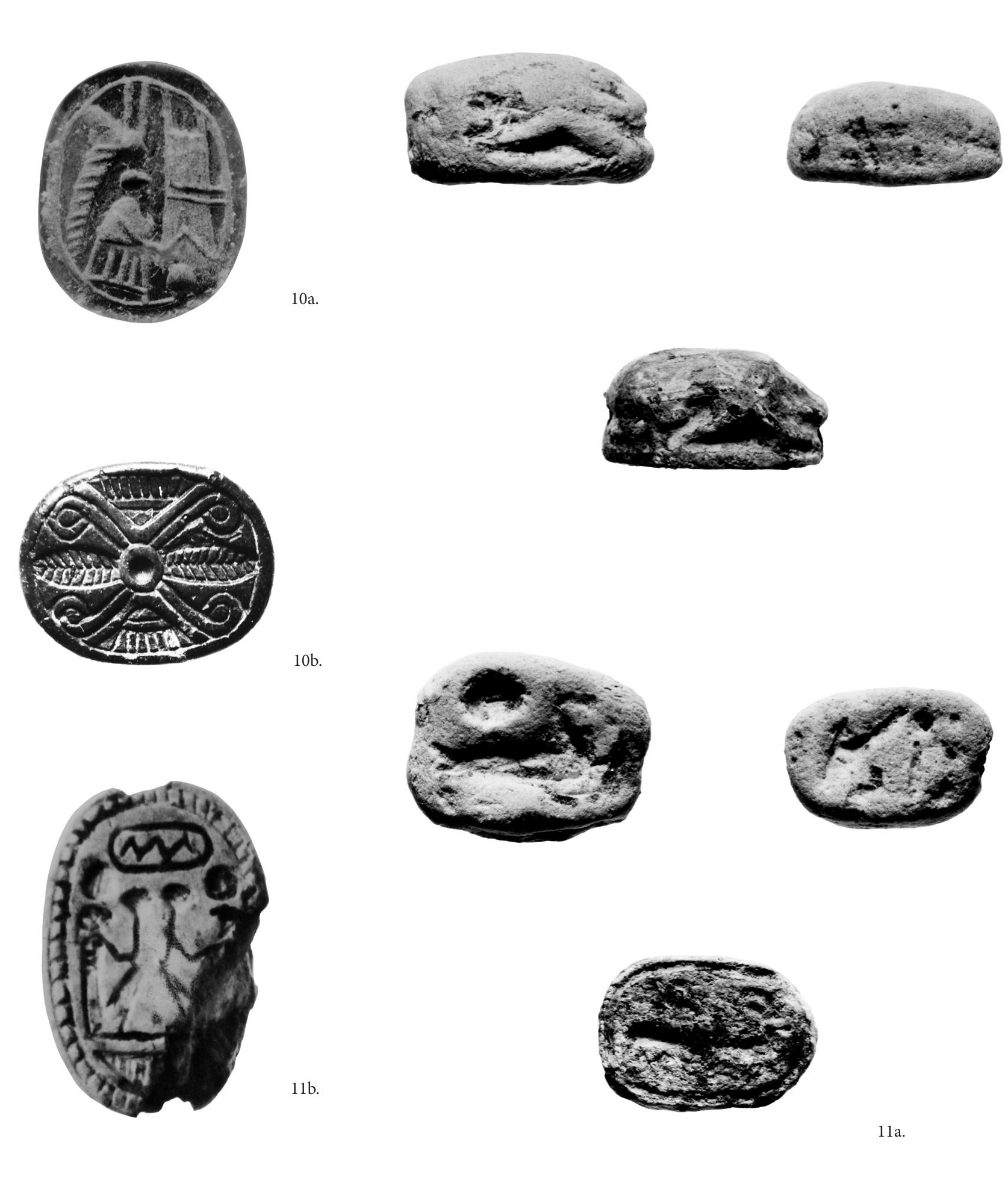 Fig. 10a-b. Hyria, Naxos. Scaraboid seal-stones of the Lyre-Player Group; second half of the 8th century B.C. (Photographs by E. Eliades; in the excavation archive; not to scale). Fig. 1la-b. Hyria, Naxos. Faience scarabs; end of the 8th - early 6th century B.C. (Photographs by E. Eliades; in the excavation archive; not to scale). 