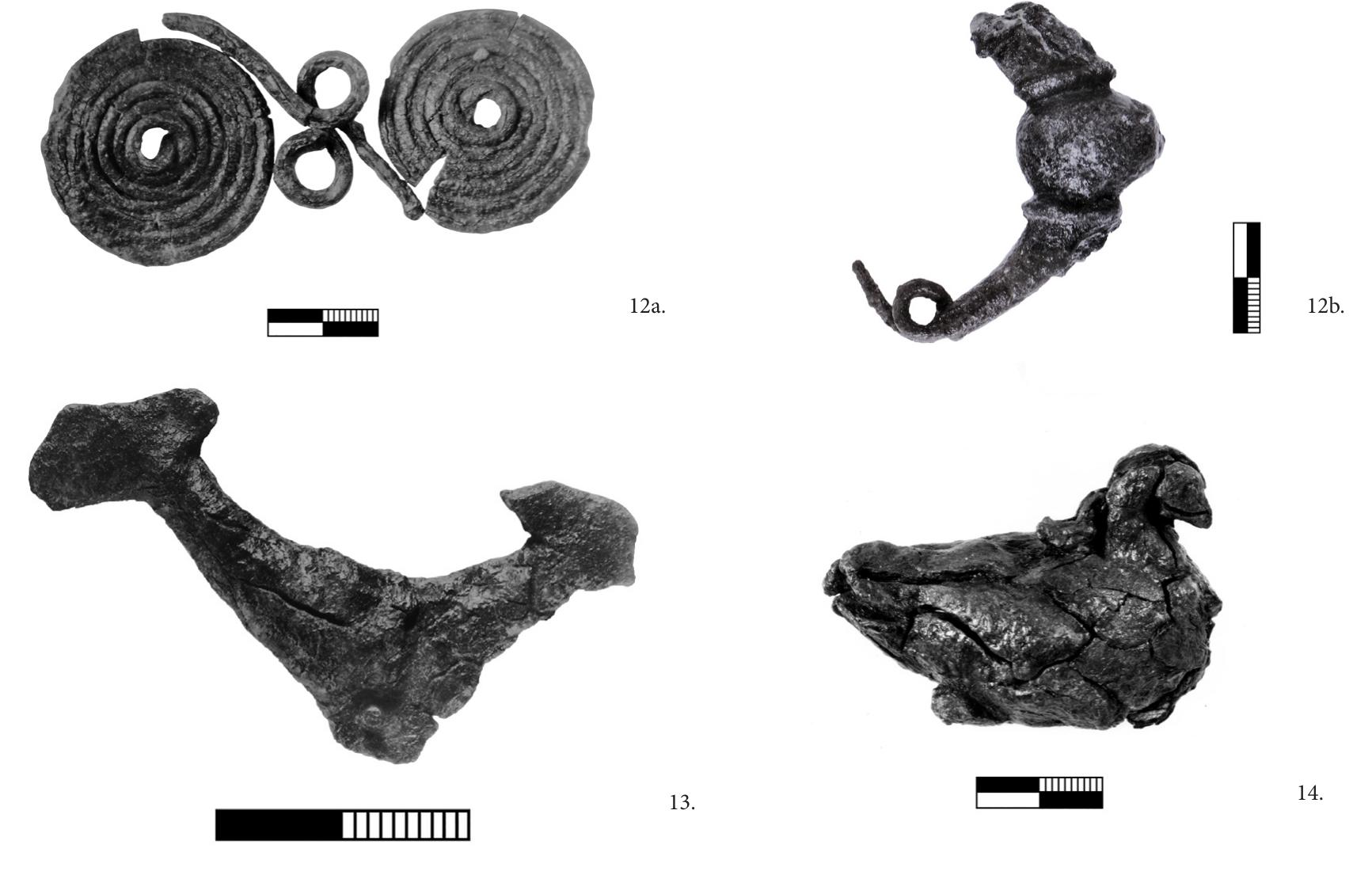Fig. 12a-b. Hyria, Naxos. Bronze spectacle fibula and island type fibula; end of 8th century B.C. (Photographs by E. Eliades; in the excavation archive). Fig. 13. Hyria, Naxos. Bronze bird-like amulet; transition to the 7th century B.C. (Photograph by E. Eliades; in the excavation archive). Fig. 14. Hyria, Naxos. Bronze weight in the form of a duck; 13th century B.C. (Photograph by E. Eliades; in the excavation archive).  In the category of cult objects that were locally made of Naxian clay, but reproduce eastern models, we should include the mask of a bearded man, dated to the late 8th/early 7th century B.C. (Fig. 18) and an anthro-  In the category of cult objects that were locally made of Naxian clay, but reproduce eastern models, we  Special mention deserve the dedicated bone artifacts, such as a spectacle fibula of the first half of the 7th century B.C. (Fig. 15), an ornament not very common in the Aegean islands, but widespread in Mainland Greece and throughout the central and eastern Mediterranean.” More interesting are ivory implements, the style of which leaves no doubt that they are Naxian replicas of objects from areas of the Eastern Mediterranean, e.g., a bone signet with the representation of a man threatening a woman and an inscription that probably reads Aphrodite (Fig. 16), which is a Naxian imitation of Cypriot models and should be dated to the shift of the 8th to the 7th century B.C.” Particularly remarkable is a female bone figurine of the early 6th century B.C., possibly an attachment to some larger utensil, whose type recalls corresponding forms from Asia Minor, Samos, Rhodes and the Syro-Palestinian coast, but was crafted on the island (Fig. 17).” 