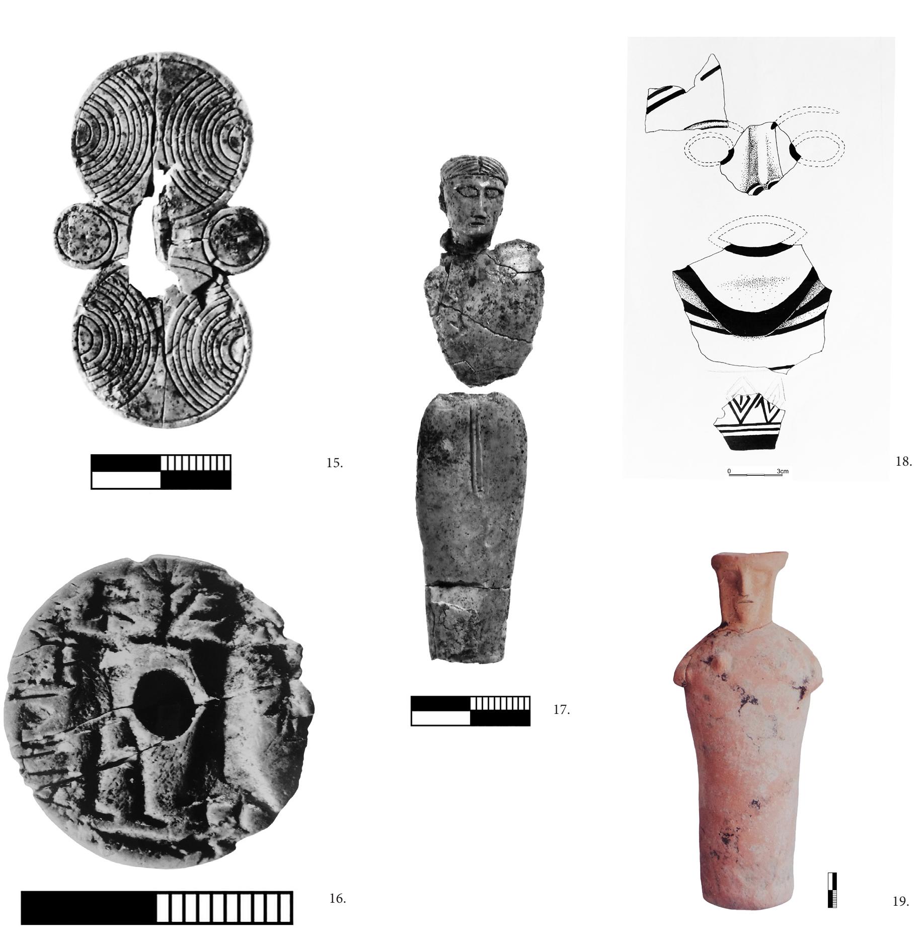 Fig. 15. Hyria, Naxos. Bone spectacle fibula; first half of 7th century B.C. (Photograph by E. Eliades; in the excavation archive). Fig. 16. Hyria, Naxos. Bone signet with a man threatening a woman; late 8th/early 7th century B.C. (Photograph by E. Eliades; in the excavation archive). Fig. 17. Hyria, Naxos. Bone female figurine; early 6th century B.C. (Photograph by E. Eliades; in the excavation archive). Fig. 18. Hyria, Naxos. Clay mask of a bearded man; late 8th/early 7th century B.C. (Drawing by the author; in the excavation archive). Fig. 19. Hyria, Naxos. Anthropomorphic juglet; early 7th century B.C. (Photograph by the author; in the excavation archive).  »omorphic juglet with a female face plastically modelled on the neck, dated to the beginning of the 7th century 3.C. (Fig. 19). Terracotta masks are known mostly from Phoenician and Punic sanctuaries, while the best com- yarable Greek examples come from the sanctuary of Artemis Ortheia in Sparta. Cyprus is another major source »f masks, used primarily in ritual performances from the Late Cypriot III down to the Cypro-Classical period.” [he anthropomorphic vase has likewise been associated with the Syro-Palestinian area, but is also closely re- ated to Cypriot and Cretan examples.”  The anthropomorphic vase has likewise been associated with the Syro-Palestinian area, but is also closely re- 