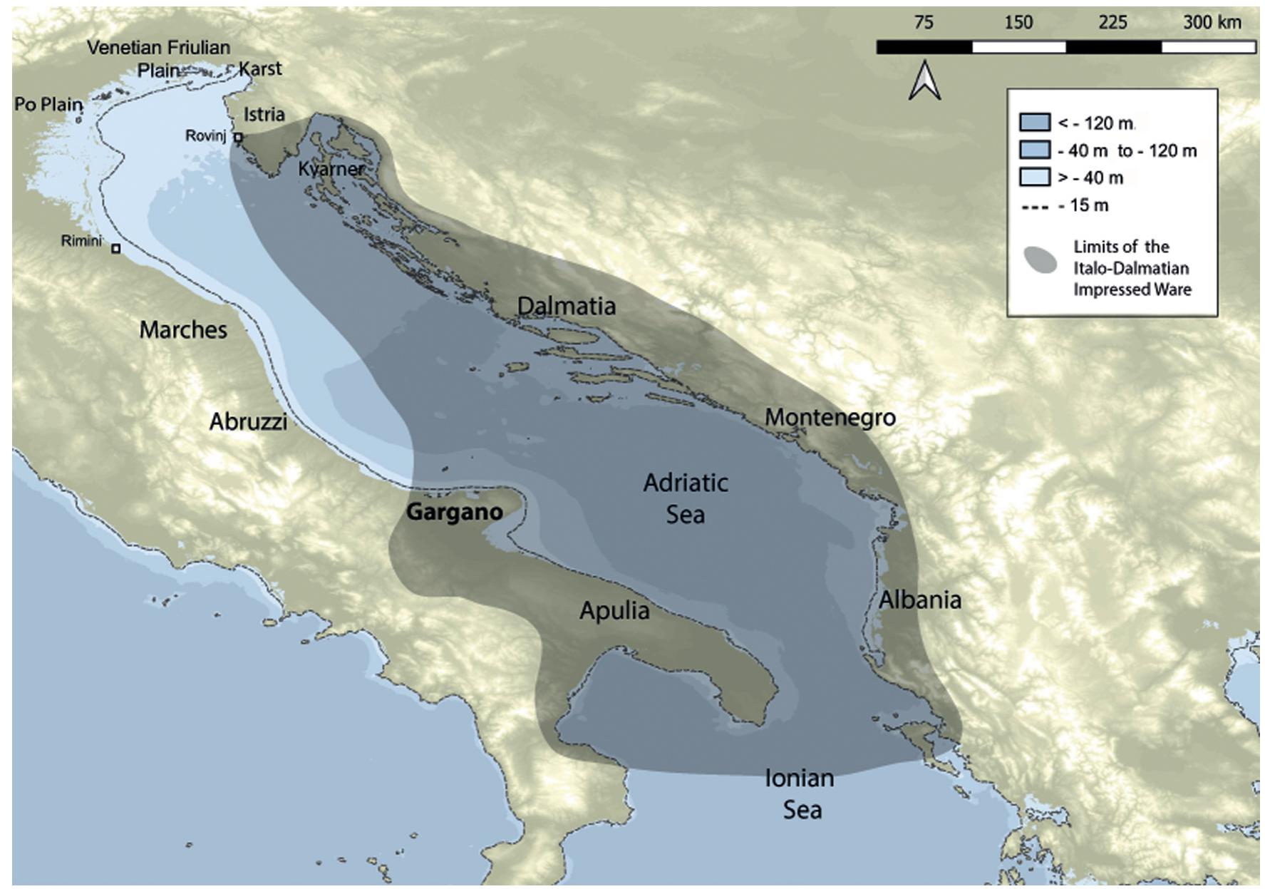 Figure 2: Adriatic region, geographic position of the study area in relation to the post-glacial sea level rise. The -40 m bathymetric contour (light blue shading) depicts the hypothetic position of coastlines at the beginning of the Holocene, while  dotted lines indicate the hypothetic position of Early Neolithic coastline (-15 m). Shaded surface depicts the limits of Italo- Dalmatian Impressed Ware. Background map by Guillaume Roguet.  The initial centre of the development and diffusion of Impressed Ware is still unknown (Figure 2), but the Neolithic spread throughout the Adriatic with a chronological South—North gradient. This initial dis- semination was rapid, reaching both Eastern and Western Adriatic shores around 6000-5900 cal BC, but recent reliable radiocarbon dates (still) suggest that the Eastern Adriatic sites are slightly earlier (Binder et al., 2017; Forenbaher, Kaiser, & Miracle, 2013; McClure, Podrug, Moore, Culleton, & Kennet, 2014). Therefore, the same Impressed ware culture, with some regional differences that evolved over time (i.e. Impressa medio-adriatica in south-central Italy), characterises the earliest Neolithic of the Adriatic. It did not, however, reach the northernmost part of the Adriatic Basin (northern Istria, Karst region, Venetian Plain, and Po Valley), where the Neolithic occurred 500-600 years later, around 5500-5400 cal BC, and it comprises different regional ceramic styles: the Danilo-VlaSka culture in northern Istria and in the Karst,  