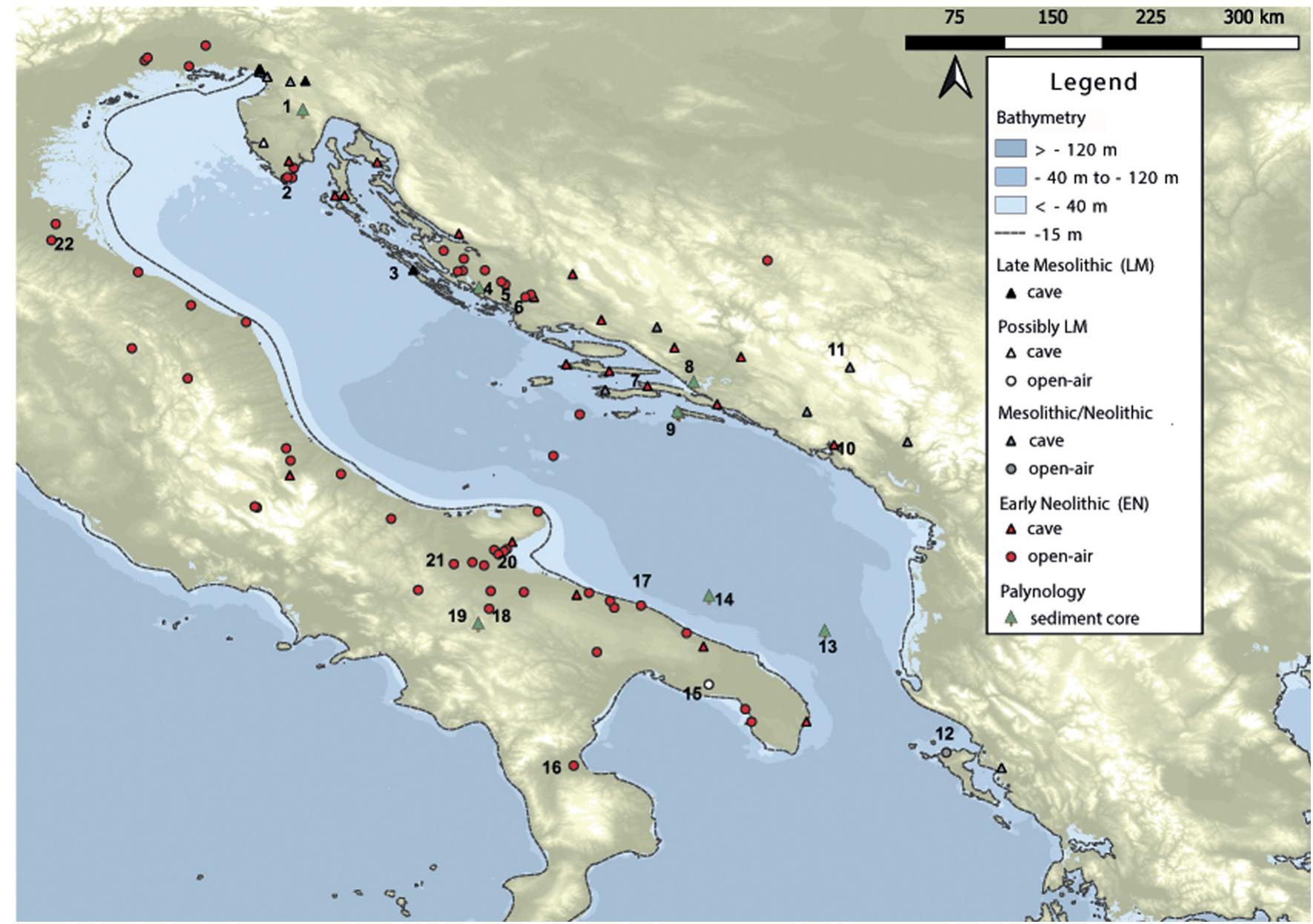 Figure 3: Location of the main eastern Adriatic Mesolithic and Neolithic sites in relation to post-glacial sea-level rise. Sites mentionned in text: (1) Prapoce, (2) Kargadur, (3) Vlakno (Dugi Island), (4) Vransko lac, (5) RaSinovac, (6) Pokrovnik,  (7) Zukovica (Koréula), (8) Neretva, (9) Veliko and Malo lake (Mljet island), (10) Crvena Stijena, (11) Odmut, (12) Sidari (Corfu), (13) AD91-17, (14) MD90-917, (15) Terragne, (16) Favella, (17) Scamuso, (18) Rendina, (19) Lago di Monticchio, (20) Coppa Nevigata, (21) Ripa Tetta, (22) Fornace Cappuccini (Faenza). 