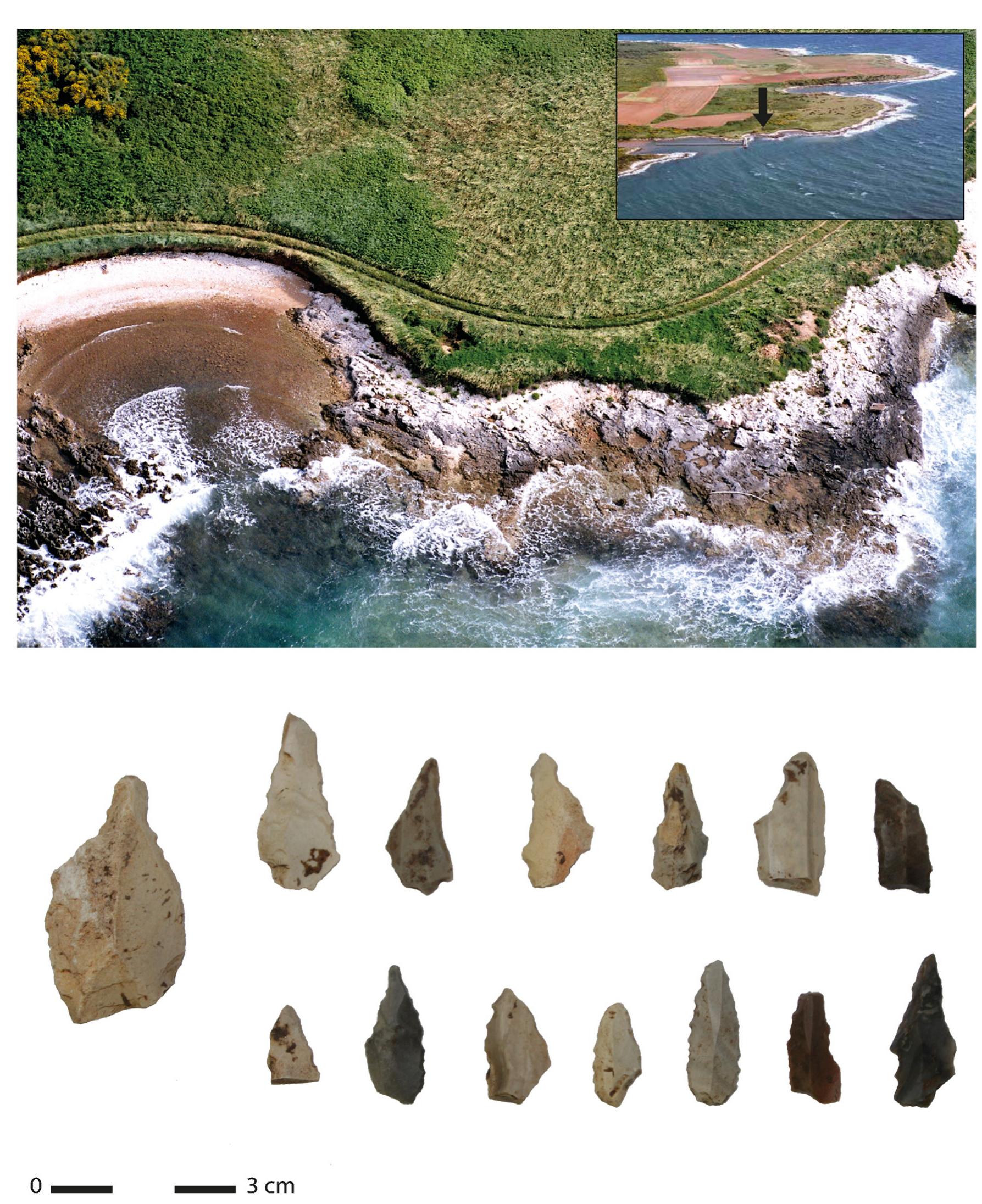 Figure 4: Kargadur (Istria). Above: position of the site (credits: D. KomSo and Archaeological Museum of Istria). Below: bladelet- like flakes and bladelets retouched by abrupt or semi-abrupt removals representing perforators and becs. 