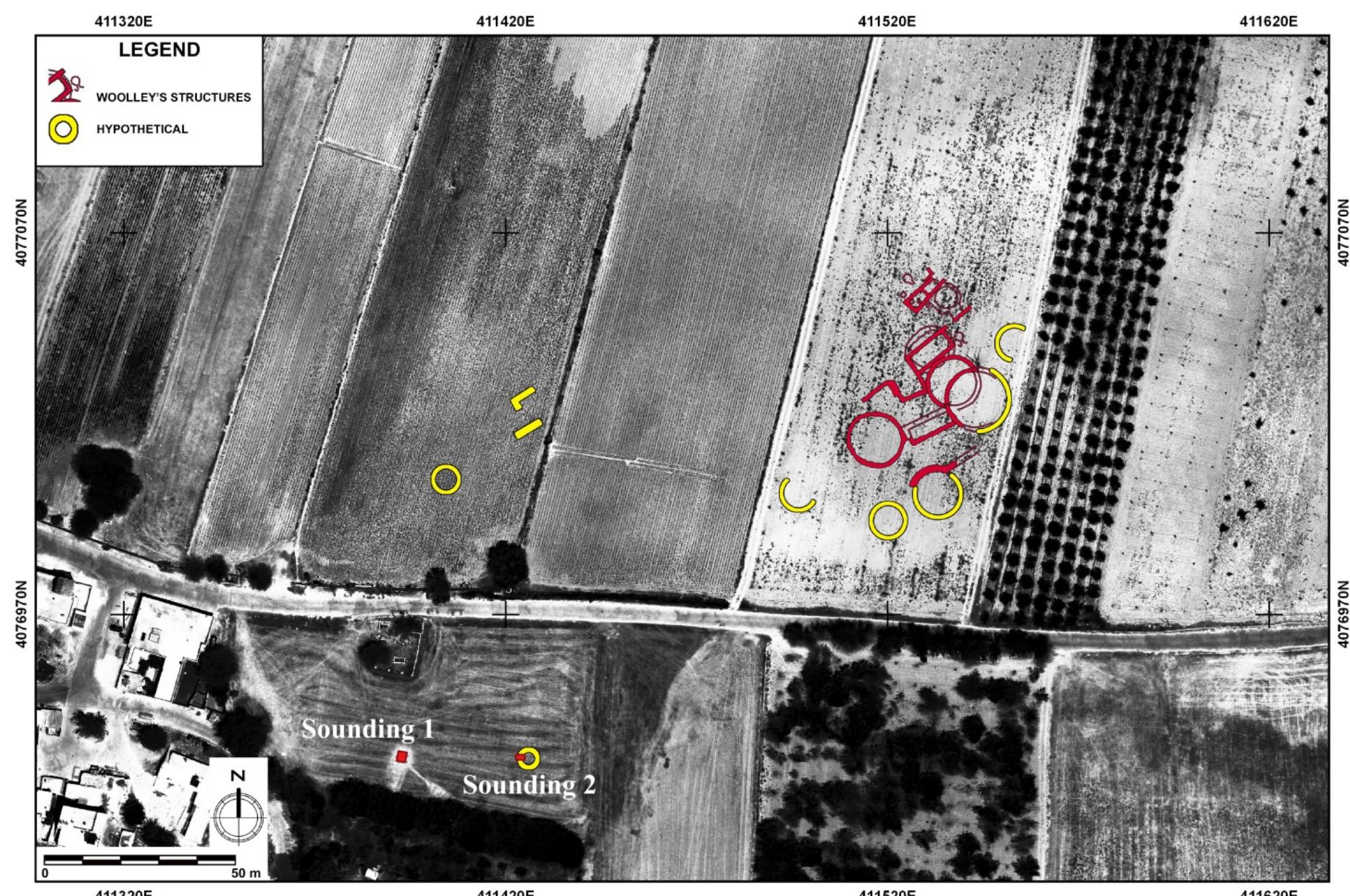 Fig. 2.1. Enhanced orthophoto of the western Yunus plateau with interpretation of cropmarks and hypothetical placing of Woolley’s structures from his Yunus Kilns excavations (North Field) and other visible features. Our Sounding | and Sounding 2 are indicated in red in the South Field. Sounding 2 intercepts a circle, which was visi- ble in the magnetogram, but which was not apparent during excavation.  Chap. 2 - The Late Neolithic Period 