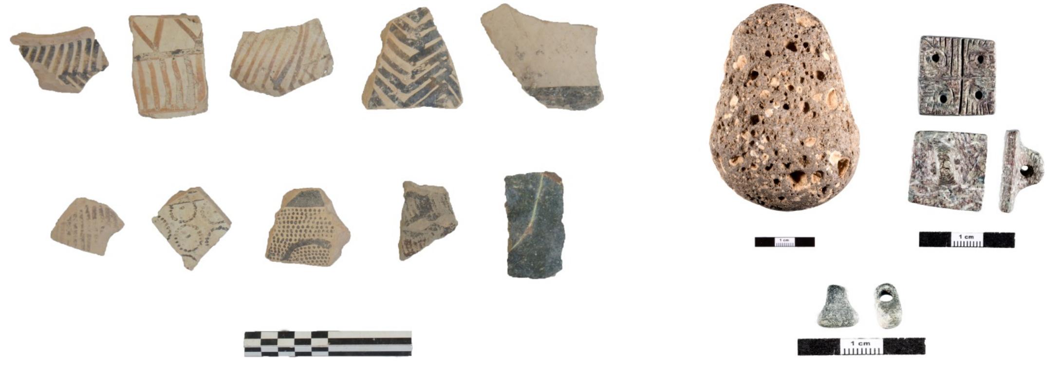 Fig. 2.2. Finds from the survey in the Yunus Kilns area. Left: Late Neolithic pottery. Right: a pestle. a pendant and a stamp seal, all dating to the Halaf period.  ble in the magnetogram, but which was not apparent during excavation. 