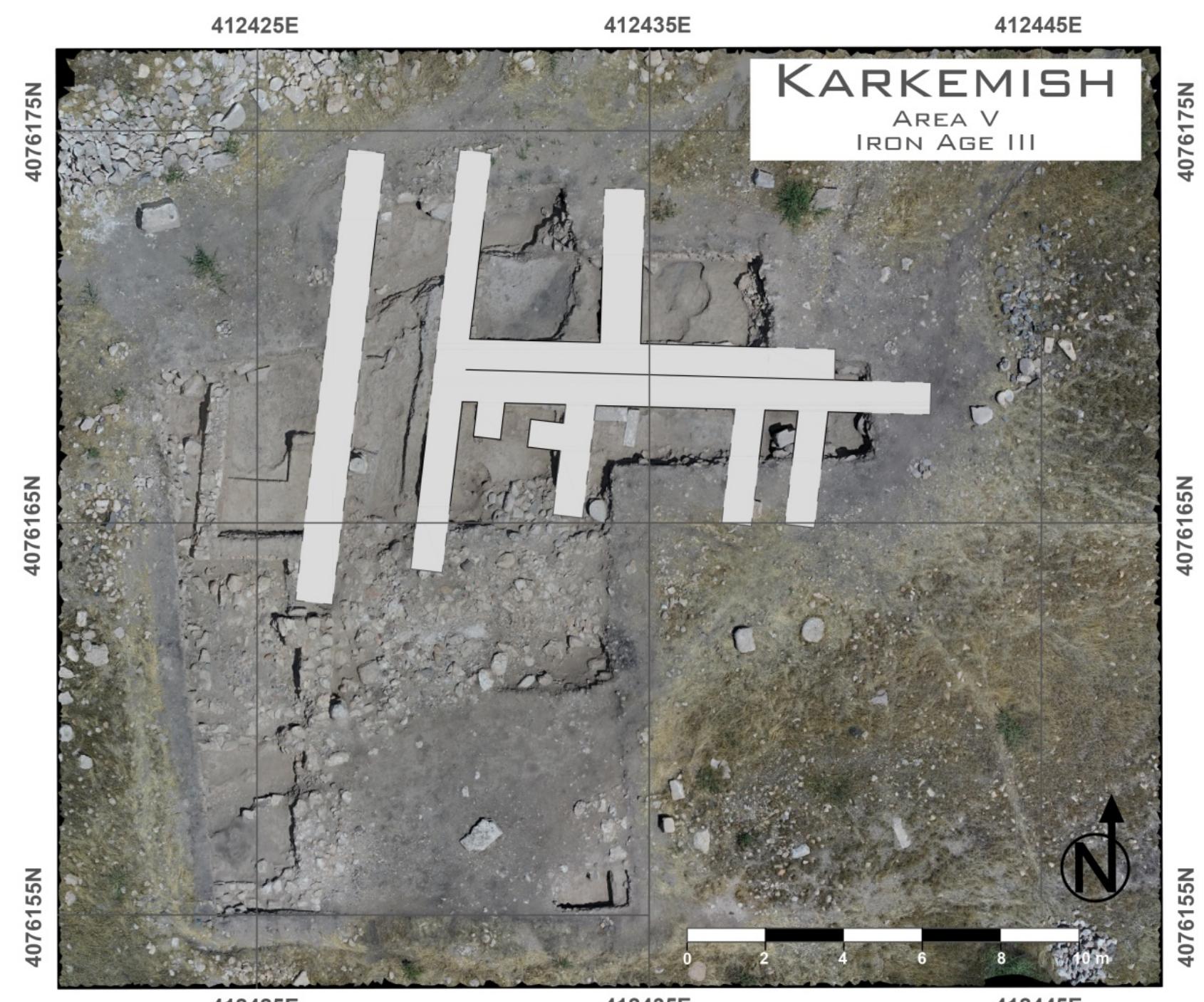 Fig. 9.13. A bone scaraboid with an Assyrian- looking figure striding left, 7 century BCE, from the well sealed in 605 BCE.  Fig. 9.14. Interpretation of excavated IA III houses in area V. 