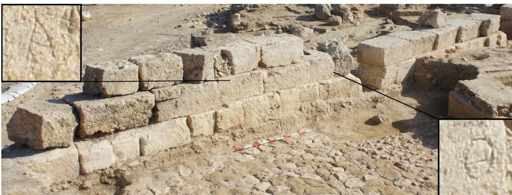 Fig. 11.3. The southern wall of the Roman forum, the foundation of which is set right above the Iron age paved street. The details show Greek letters incised as marks on the blocks.  Fig. 11.3. The southern wall of the Roman forum, the foundation of which is set right above the Iron age paved 