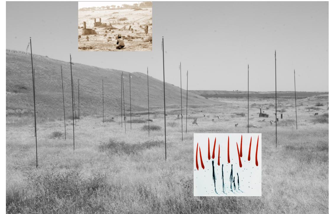 Fig. 14.4. The land art installation (and its inception phases) outside area N, in the midle of an old cemetery whict in 1956, after the killing by smugglers of a customs officer buried there, became the first stretch of the mined borde between Turkey and Syria and which became one of the first stretches cleared again from mines in 2011. 