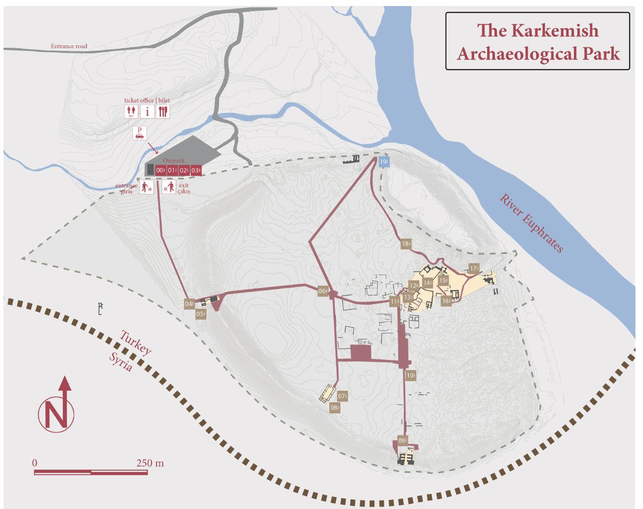 Fig. 14.5. Map of the archaeological park: numbers refer to the series of information panels (red introductory, buff archaeological, light blue naturalistic), tourist visit paths are in ochre, areas to be visited in light yellow. 