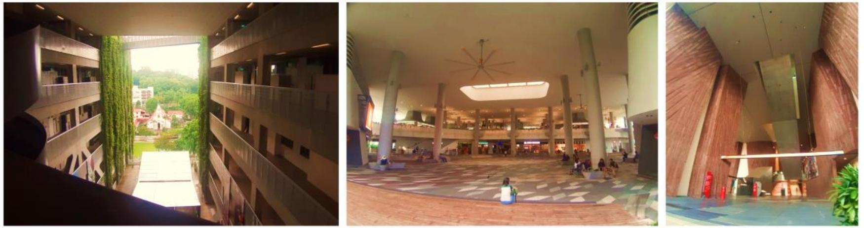 Figure 4. Breezeway atria type (BAT). Left & right: School of the Arts (SO) building. Middle: Kampung Admiralty (KA) building.  2.1.4.Horizontal breezeways and vertical breezeways 