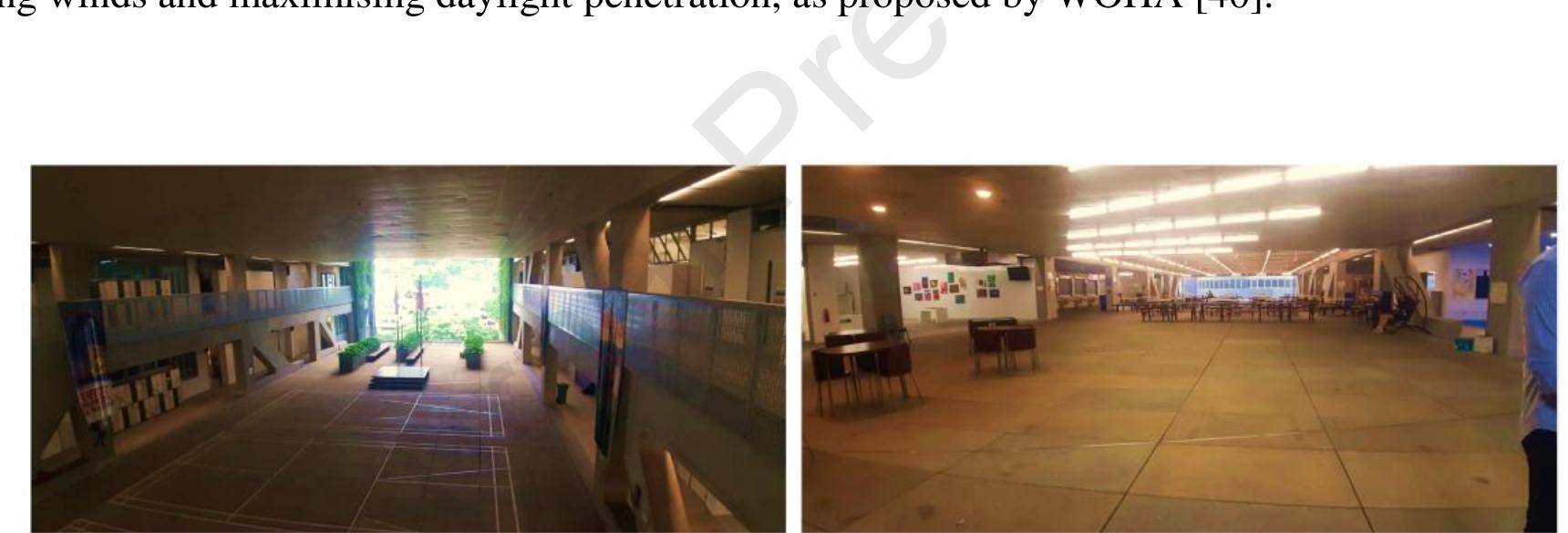 Figure 5. Horizontal breezeway type (HB). Left & right: School of the Arts (SO) building. 