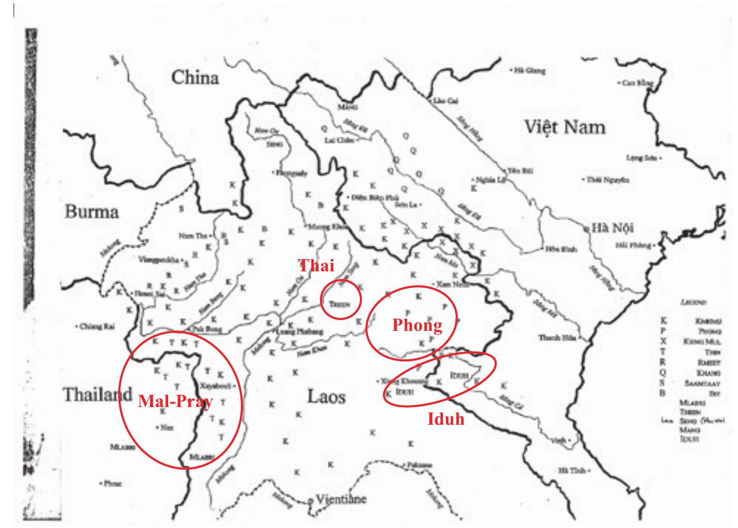 Other pram groups include the Iduh in the upper Ca River basin on both sides of the Vietnam- Lao border, Thai Then living in the mountains between the Song River and Khan River in Luang Prabang Province, and the Lua’ (Thin) people living on both sides of the Thai-Lao border, speaking varieties of Mal-Pray. These languages are all closely related, and it is hard to overlook the similarity of the Then/Thin names (See Badenoch, forthcoming). The pram groups form a loose band of distribution from Houaphan/Xiengkhouang, across Luang Prabang, Xainyabuli and into Nan province of Thailand. The Ksingmul, represented by X, are the people of the upper Ma River, and the Khang living in the Upper Black River. The Bit, who are distributed across the area from Dien Bien Phu to Luang Namtha, share cognate non-/pram/ ethnonyms (See Badenoch 2019) with Ksingmul (psiiy/ksiin) and Khang (tnraan/khaan). Bit and Khang languages are closely related, and Ksingmul shares some distinctive and important characteristics with both (see Edmondson 2010). Mlabri live near the Thin on the Thai-Lao border and speak a language that has a particularly complicated history of close contact with Thin and Khmu, as well as being historically related to both further back in history (Rischel 1995). These groups live on the edges of a Khmu area that is centered around Luang Prabang, but extends through Phongsaly into China, northwestern Vietnam, and northern Thailand. The Mlabri ethnonym includes mla? ‘person’, which may be cognate with mal, the first element of the Mal-Pray, which is also found as an element in Phong Khami third person pronouns.  