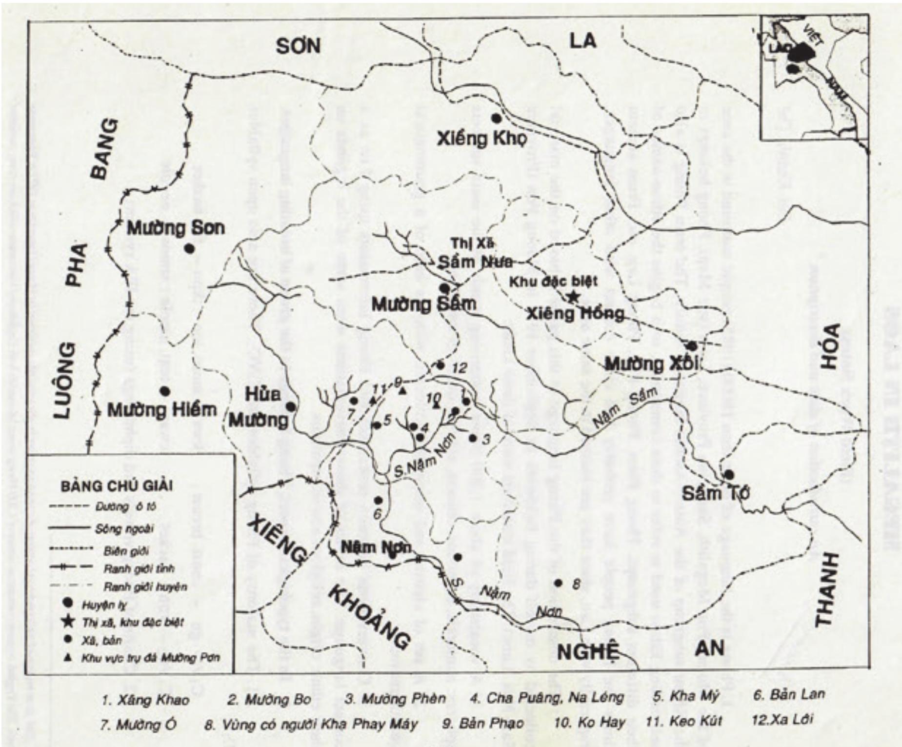 This normally refers to the members of the specific dialect group, for example maay thay ?ia ‘Phong language as spoken by a Phong Khami person’, or panmaay thay ray ‘Phong language as spoken by a Phong Laan person’. Because the pronoun is an inclusive form, it is not used with people from outside of the group, and therefore could never be used as an ethnonym more  broadly.  Bui’s map (Figure 4) shows Phong villages clustered mainly in the upper tributaries of the Nam Noen, to the east of Hua Muang and south of Muang Sam. Several village names that correspond with Phong linguistic varieties that are also used as ethnonyms identifying Phong sub-groups: 3 Muong Phen (pheen), 4 Cha Puang (capuay or tapuay), 5 Kha My (khamii), 6 Ban Lan (/aan) and 12 Xa Loi (salaay). We can see Phong villages clustered along the ributaries of the Nam Noen River. According to the 2015 national census, there are 30,000  Phong living in the area. Bui’s fieldwork was carried out in “Muong Pon”, in Lao Muang Peun.  
